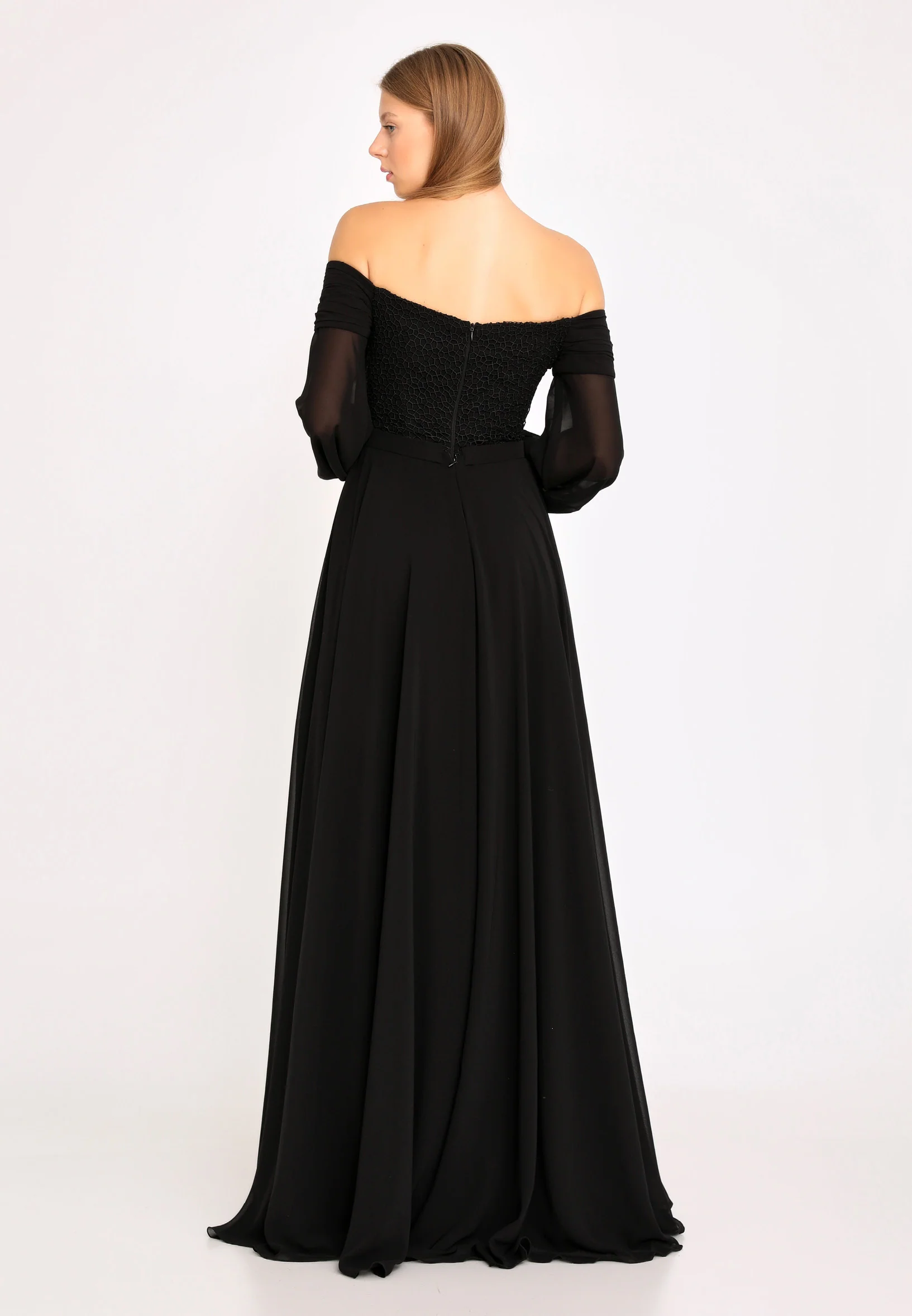 Off Shoulder Maxi Chiffon Column Regular Wedding Guest Dress rmn3113-1 - Image 2