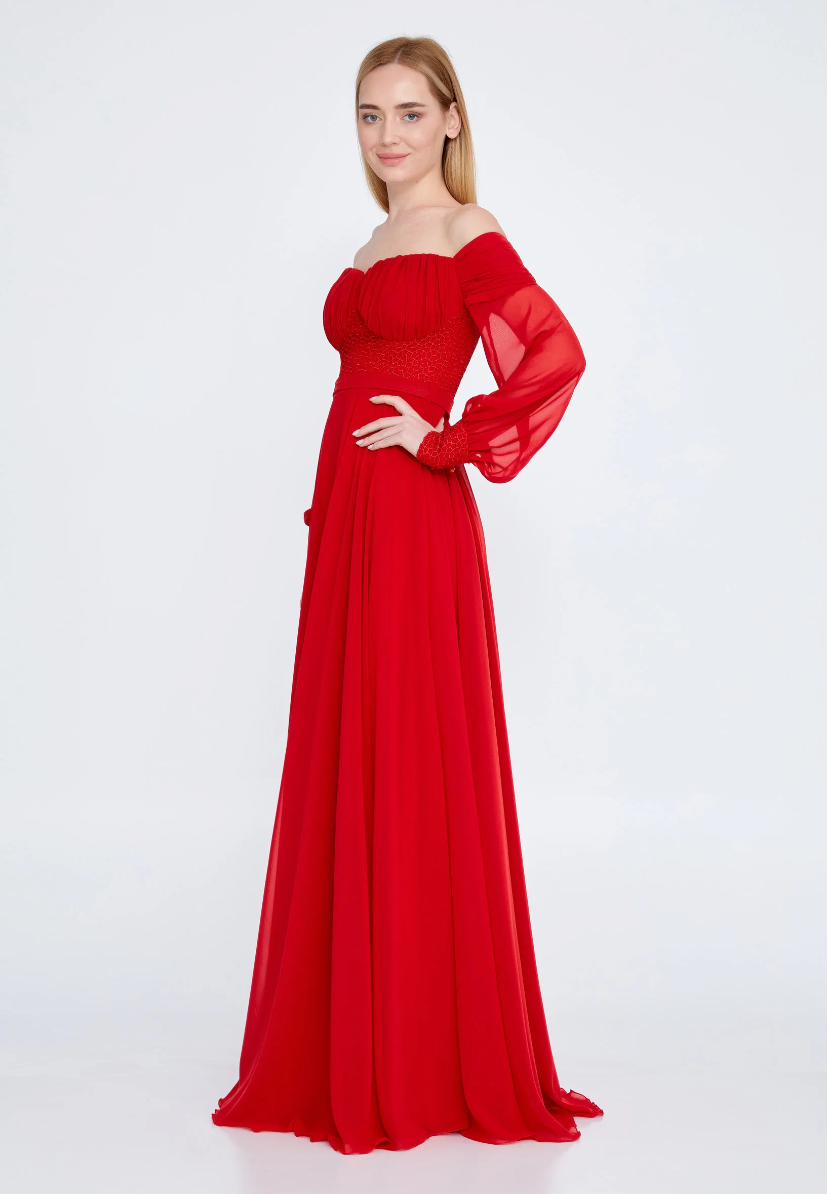 Off Shoulder Maxi Chiffon Column Regular Wedding Guest Dress rmn3113-1 - Image 23