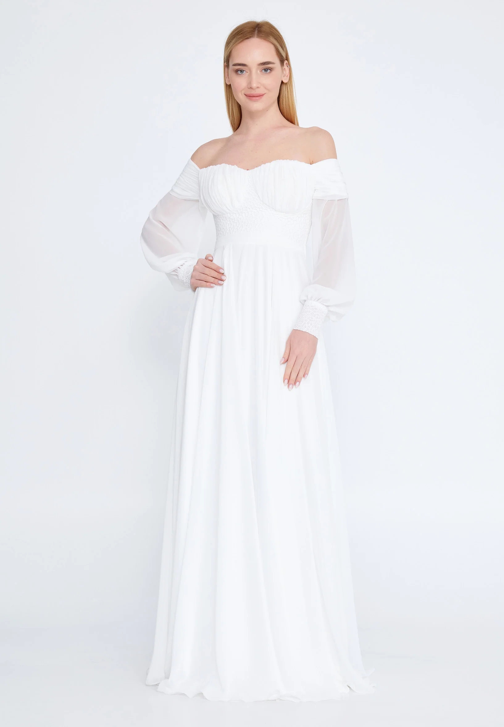Off Shoulder Maxi Chiffon Column Regular Wedding Guest Dress rmn3113-1 - Image 25