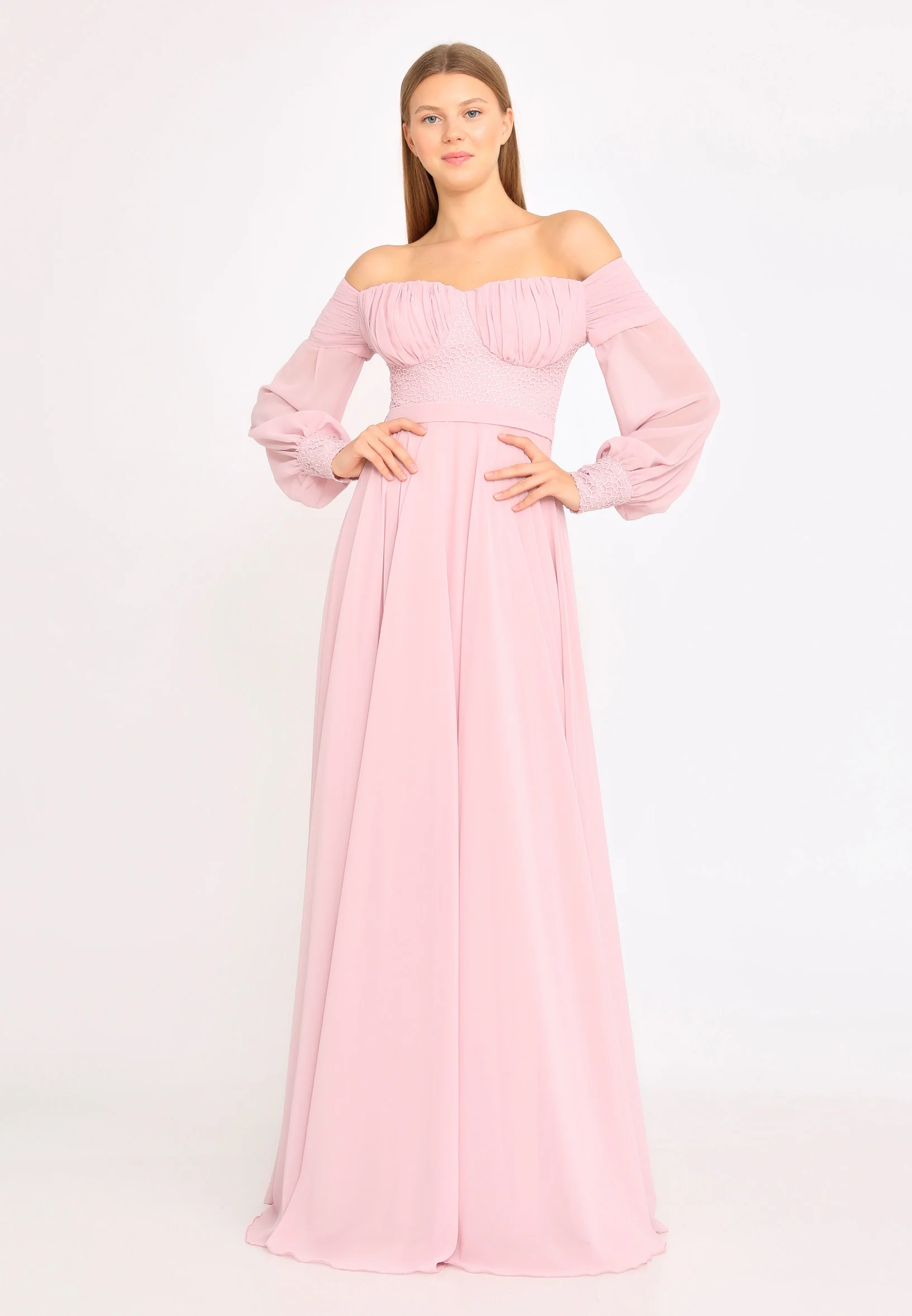 Off Shoulder Maxi Chiffon Column Regular Wedding Guest Dress rmn3113