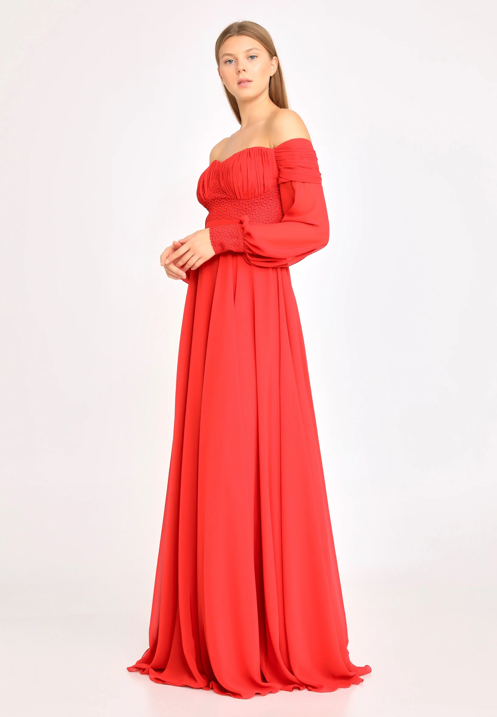 Off Shoulder Maxi Chiffon Column Regular Wedding Guest Dress rmn3113 - Image 11