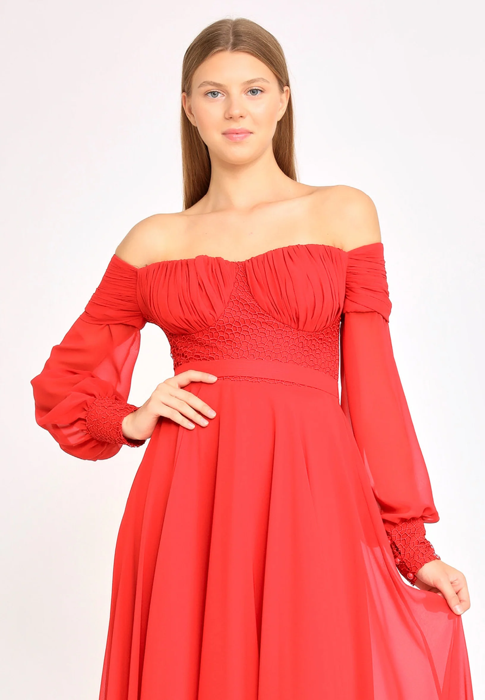 Off Shoulder Maxi Chiffon Column Regular Wedding Guest Dress rmn3113 - Image 12