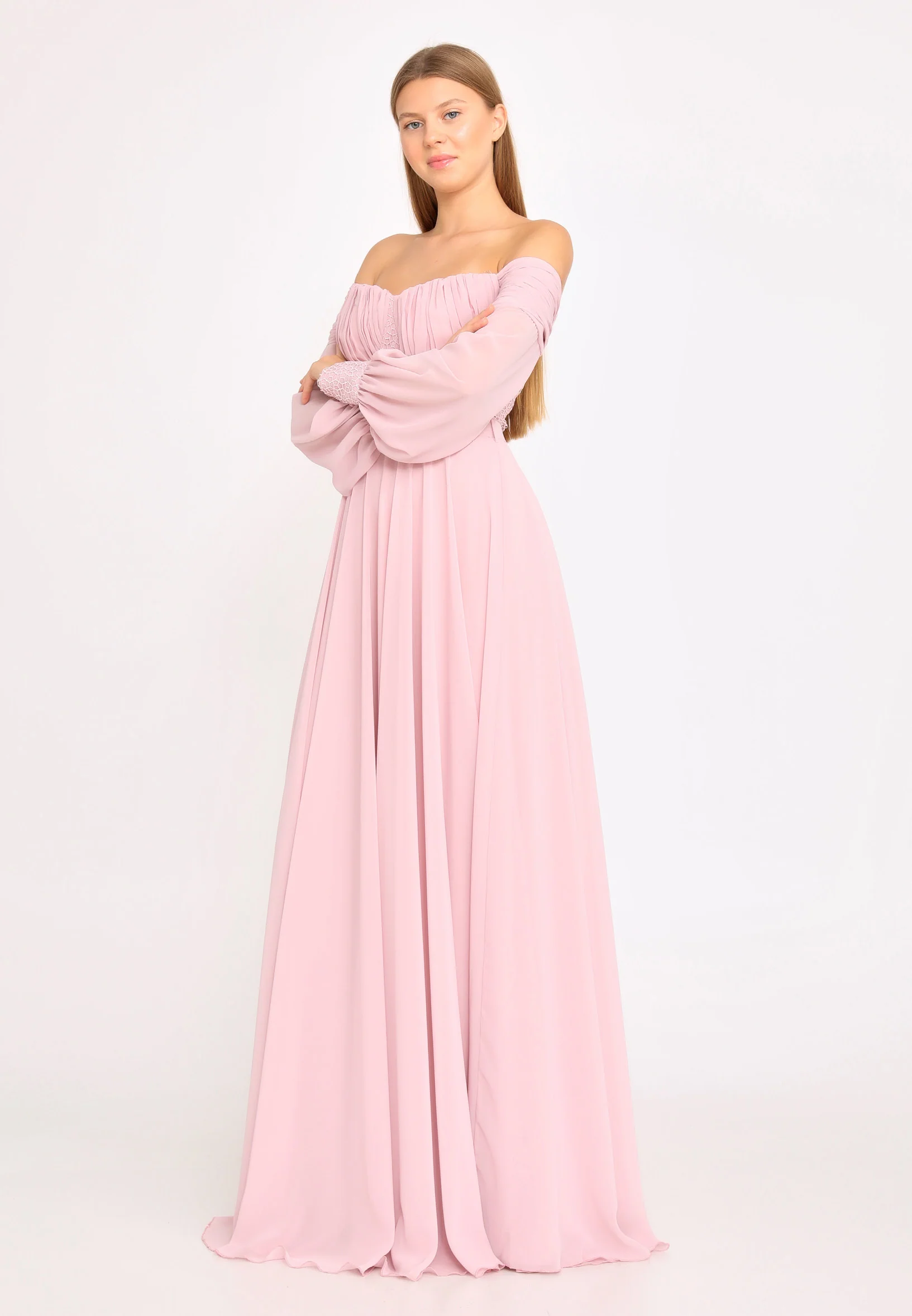 Off Shoulder Maxi Chiffon Column Regular Wedding Guest Dress rmn3113 - Image 3