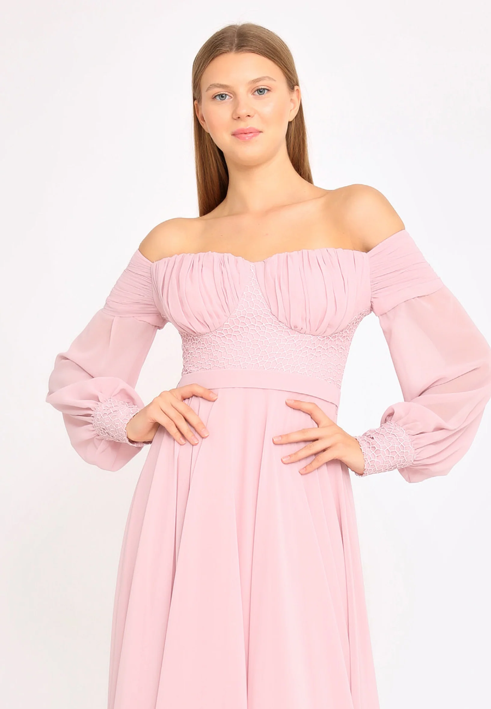 Off Shoulder Maxi Chiffon Column Regular Wedding Guest Dress rmn3113 - Image 4