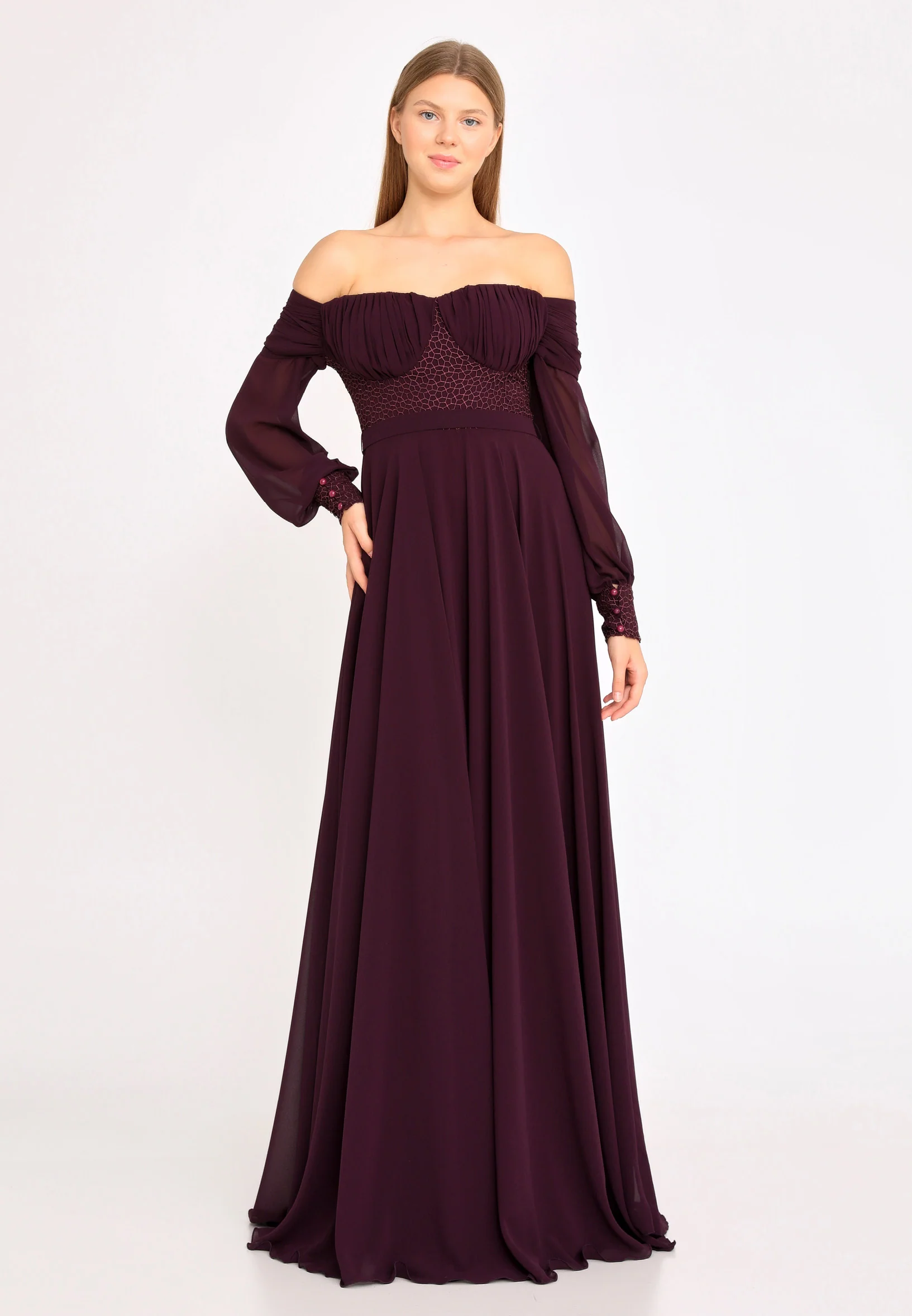 Off Shoulder Maxi Chiffon Column Regular Wedding Guest Dress rmn3113 - Image 5