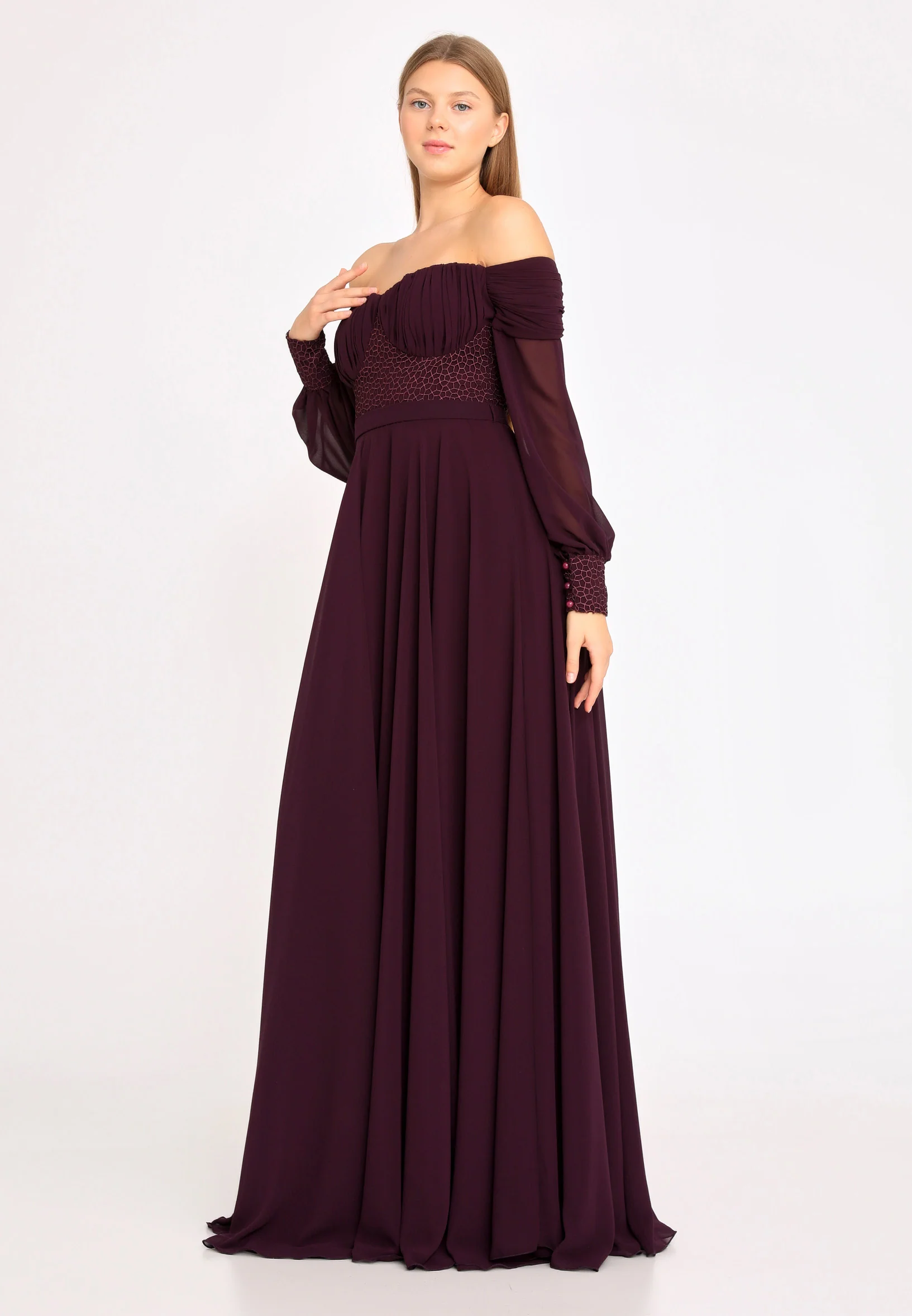 Off Shoulder Maxi Chiffon Column Regular Wedding Guest Dress rmn3113 - Image 7
