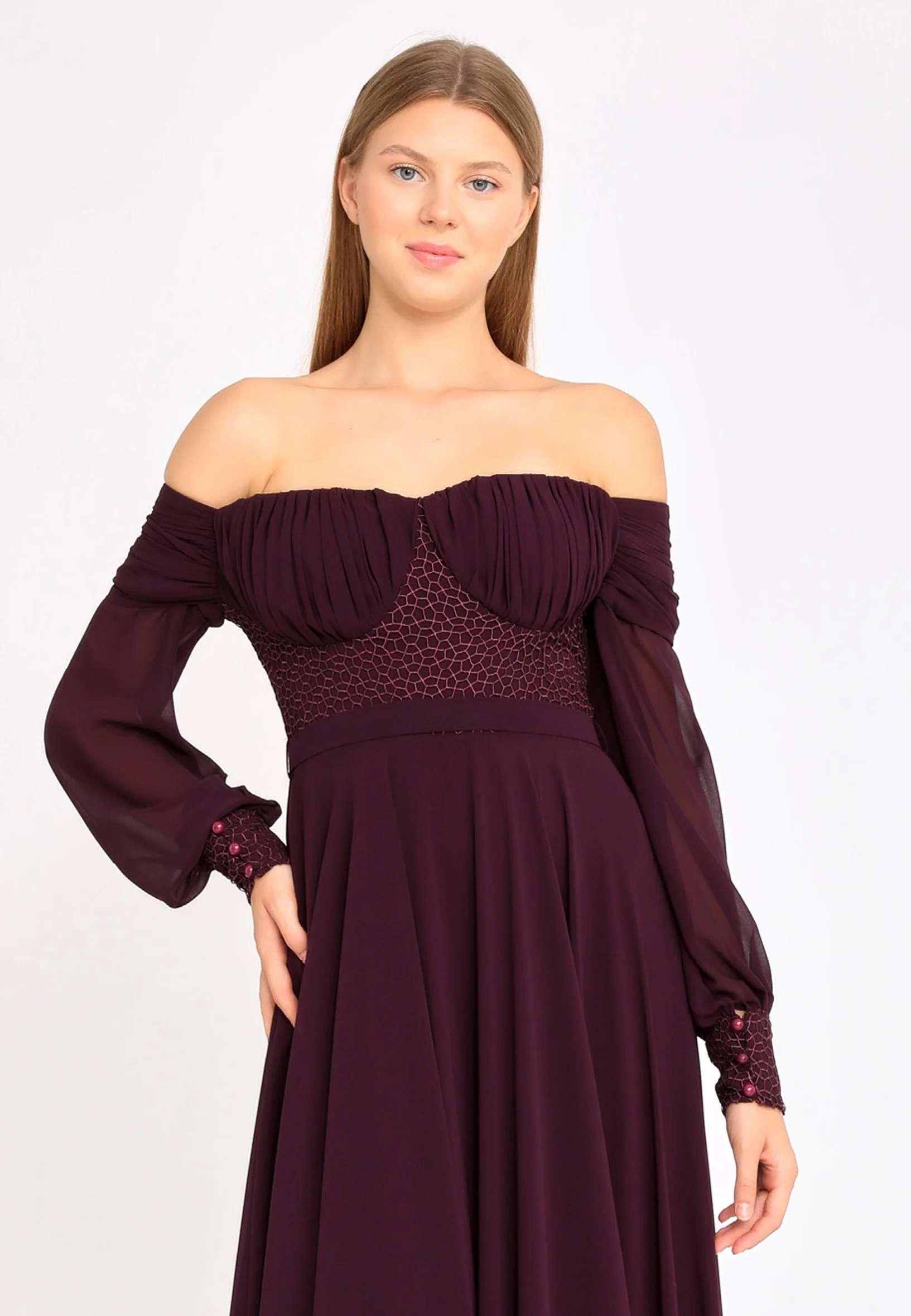 Off Shoulder Maxi Chiffon Column Regular Wedding Guest Dress rmn3113 - Image 8