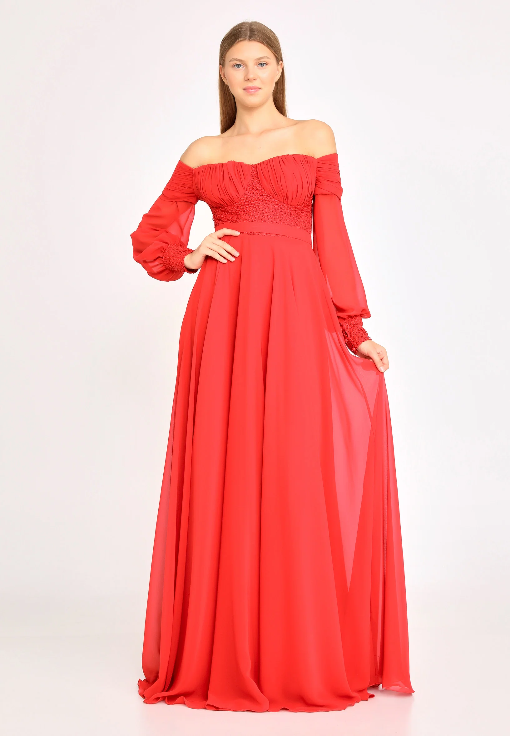 Off Shoulder Maxi Chiffon Column Regular Wedding Guest Dress rmn3113 - Image 9