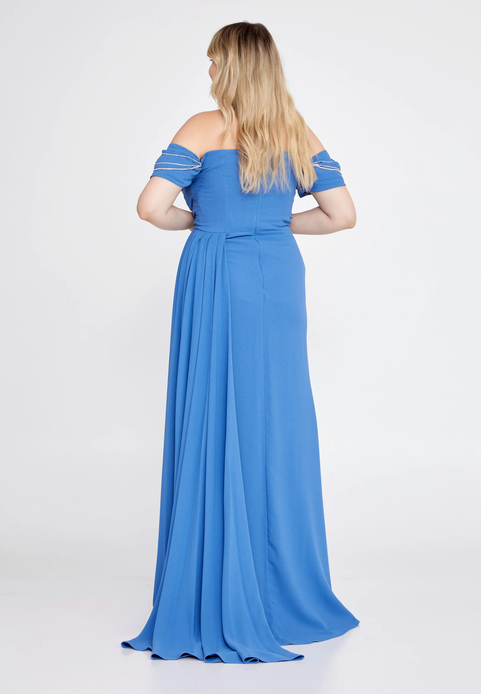 Off Shoulder Maxi Crepe Column Plus Size Wedding Guest Dress mtn2292-1 - Image 6