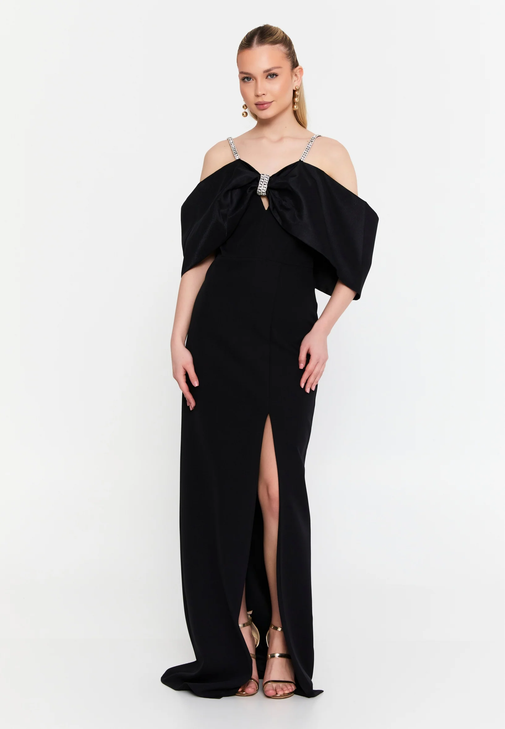 Off Shoulder Maxi Crepe Column Regular Wedding Guest Dress msp77372