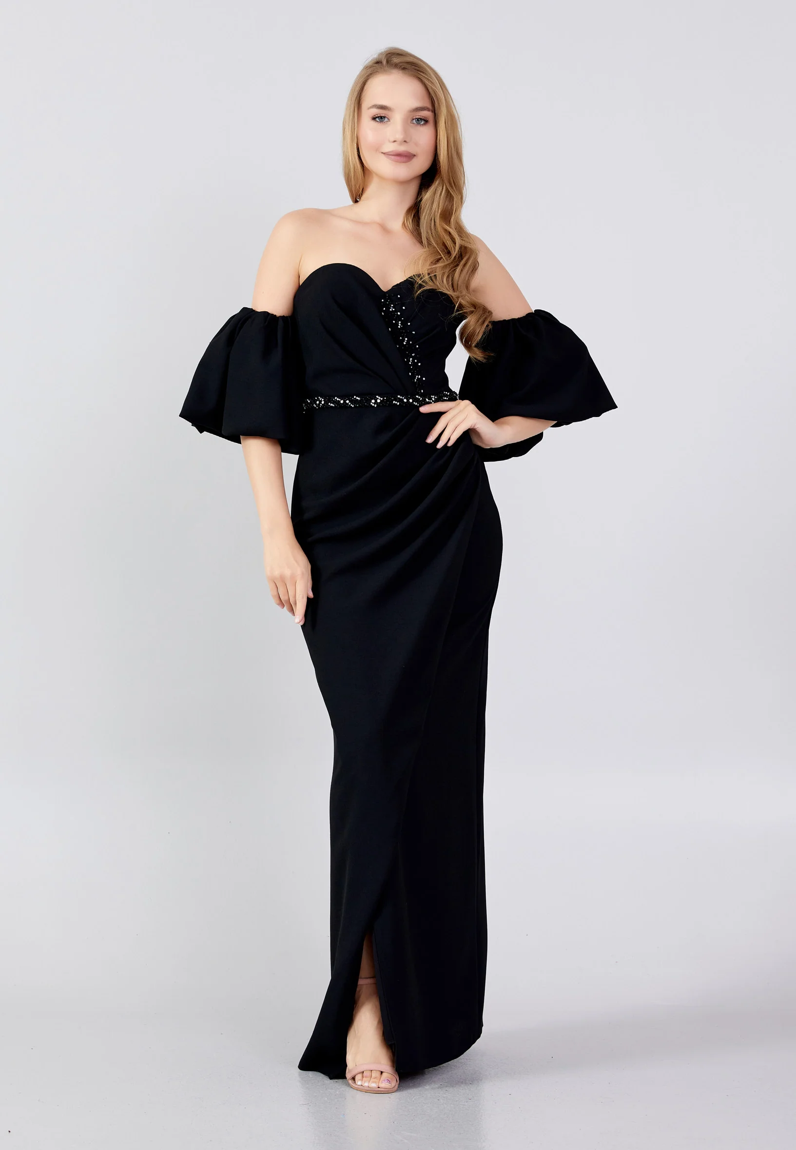 Off Shoulder Maxi Crepe Column Regular Wedding Guest Dress swr5263