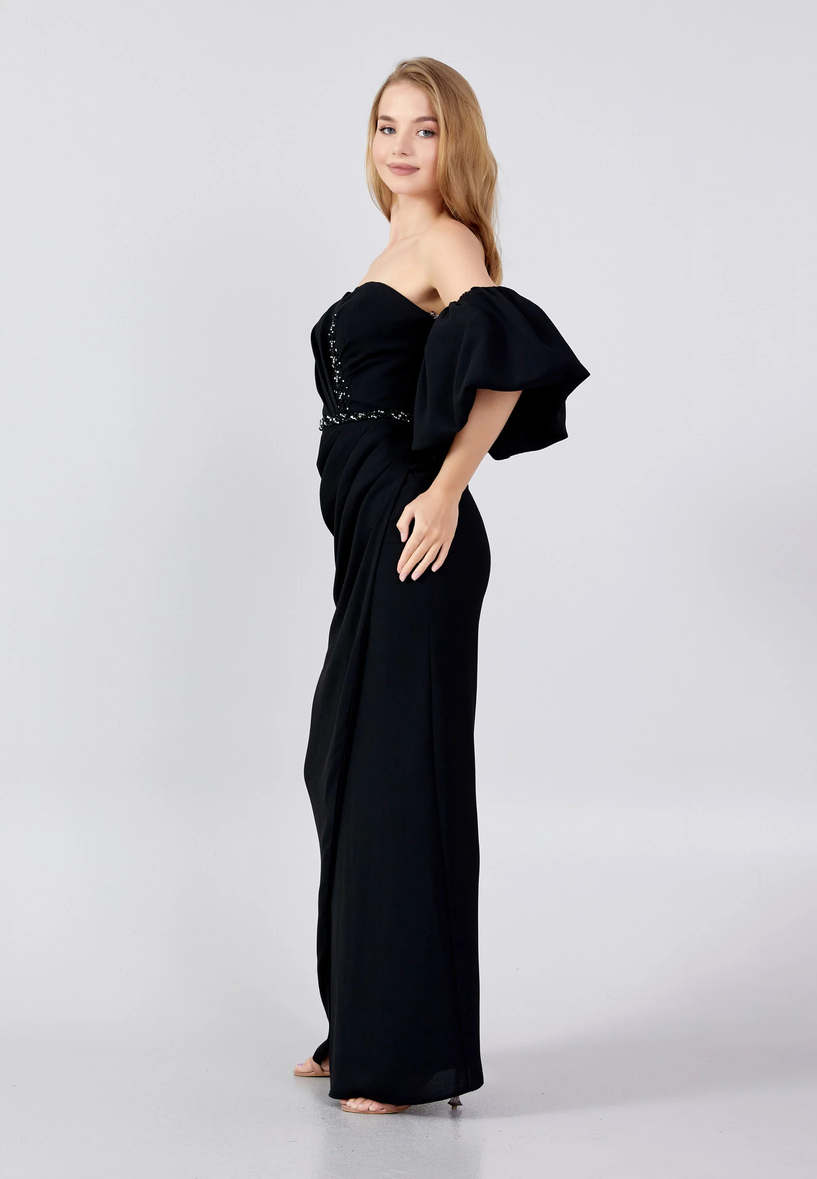 Off Shoulder Maxi Crepe Column Regular Wedding Guest Dress swr5263 - Image 3