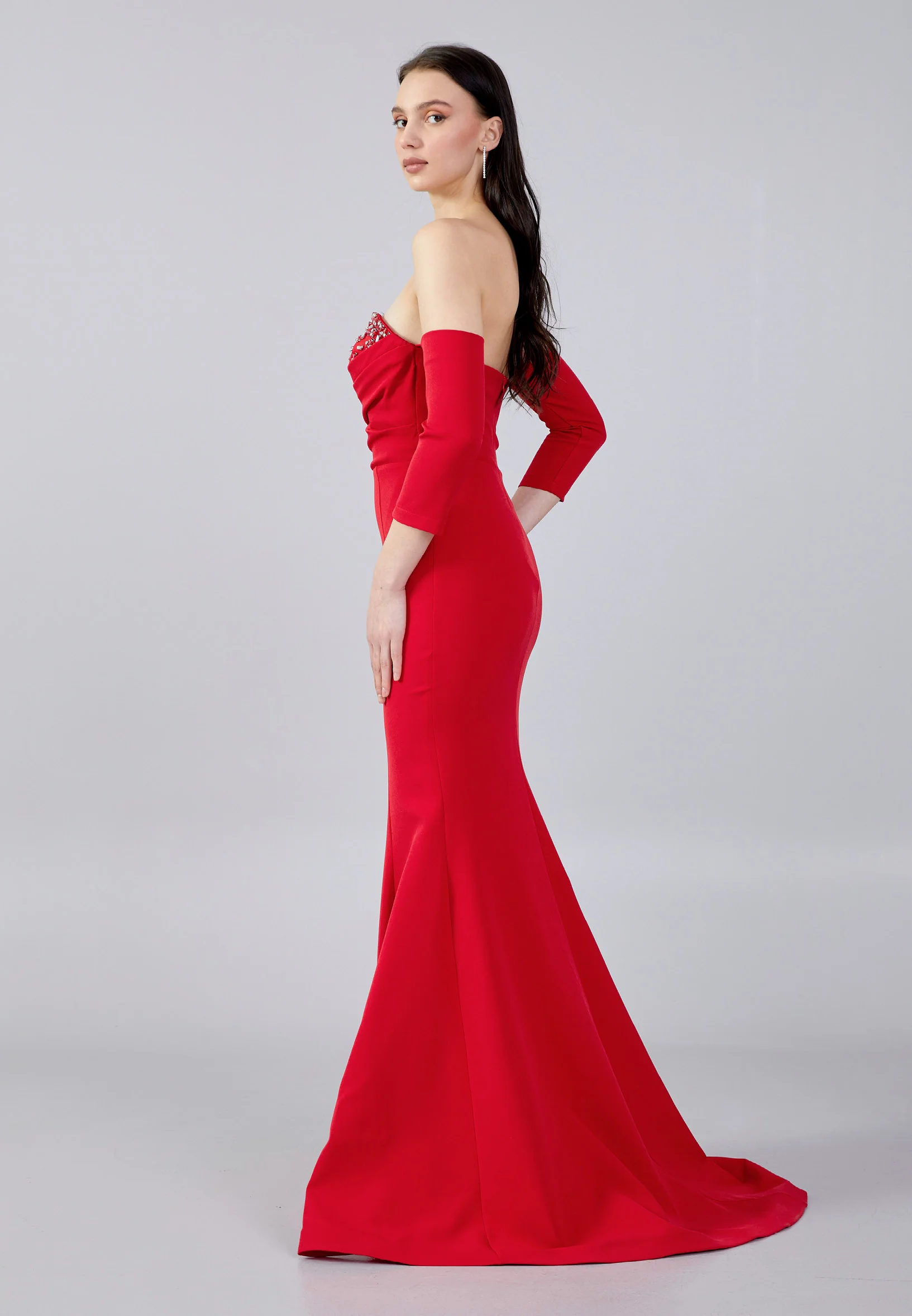Off Shoulder Maxi Crepe Fit & Flare Regular Evening Dress aln1683 - Image 11