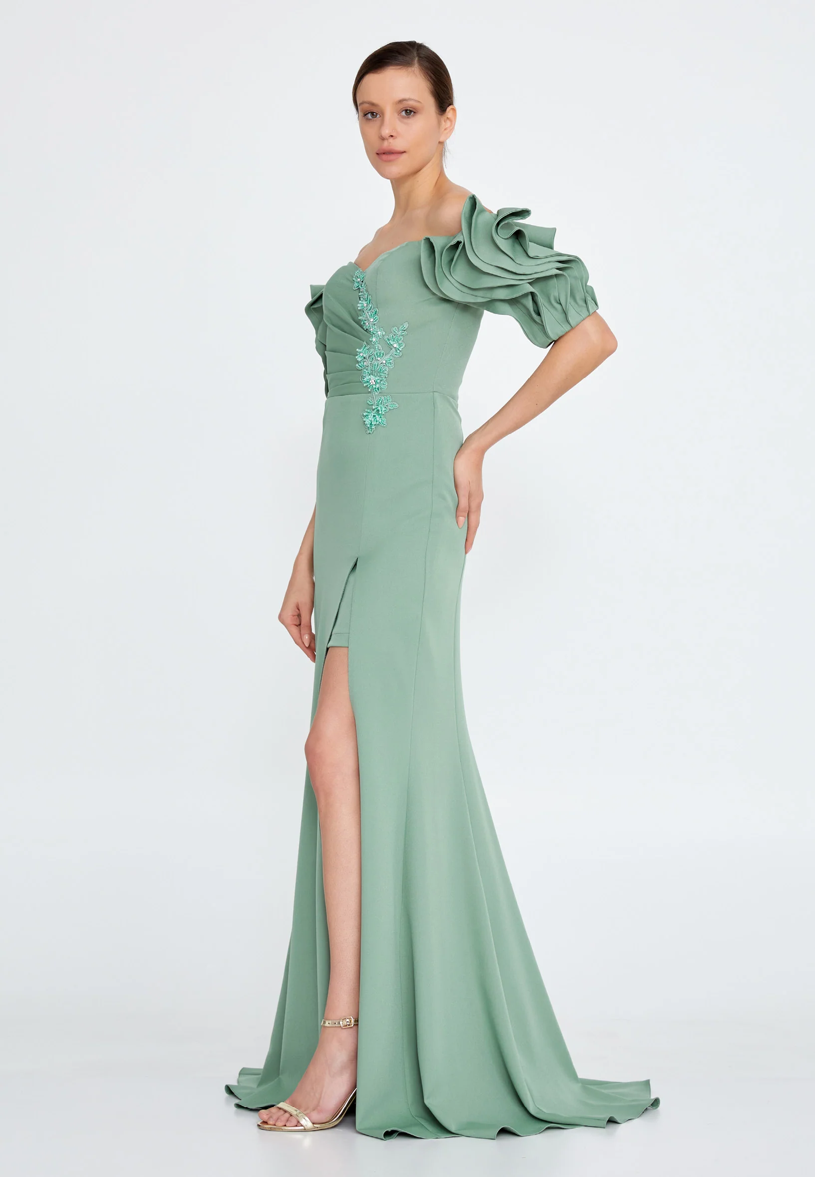 Off Shoulder Maxi Crepe Mermaid Regular Evening Dress rmn3134 - Image 19
