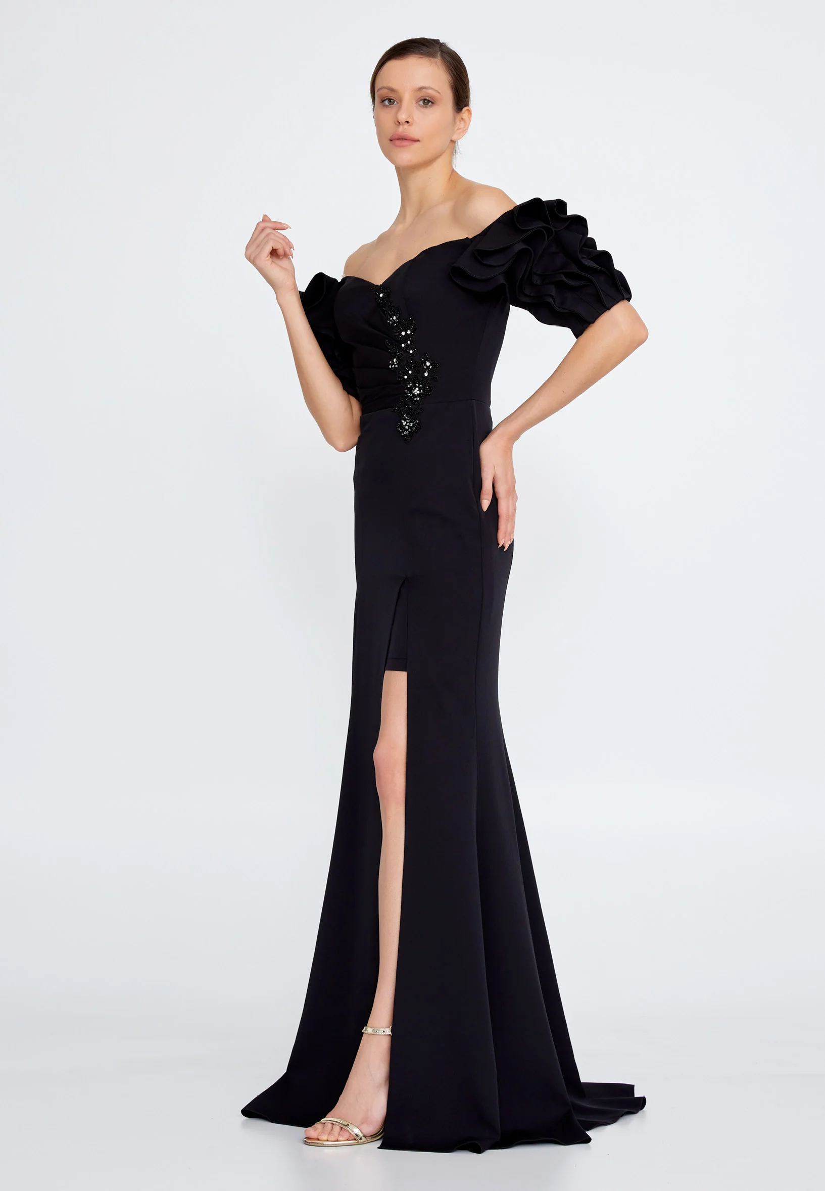 Off Shoulder Maxi Crepe Mermaid Regular Evening Dress rmn3134 - Image 3