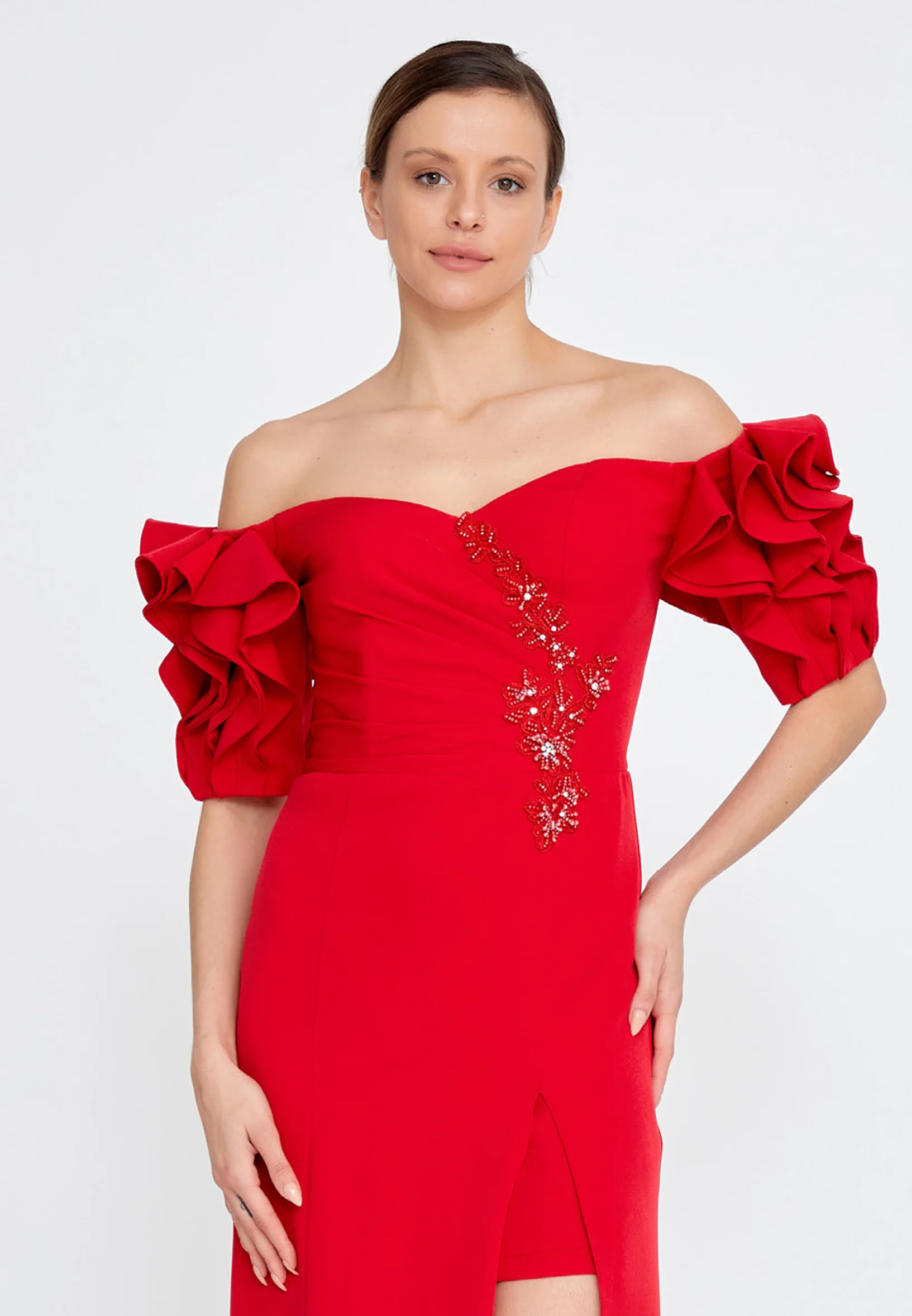 Off Shoulder Maxi Crepe Mermaid Regular Evening Dress rmn3134 - Image 32