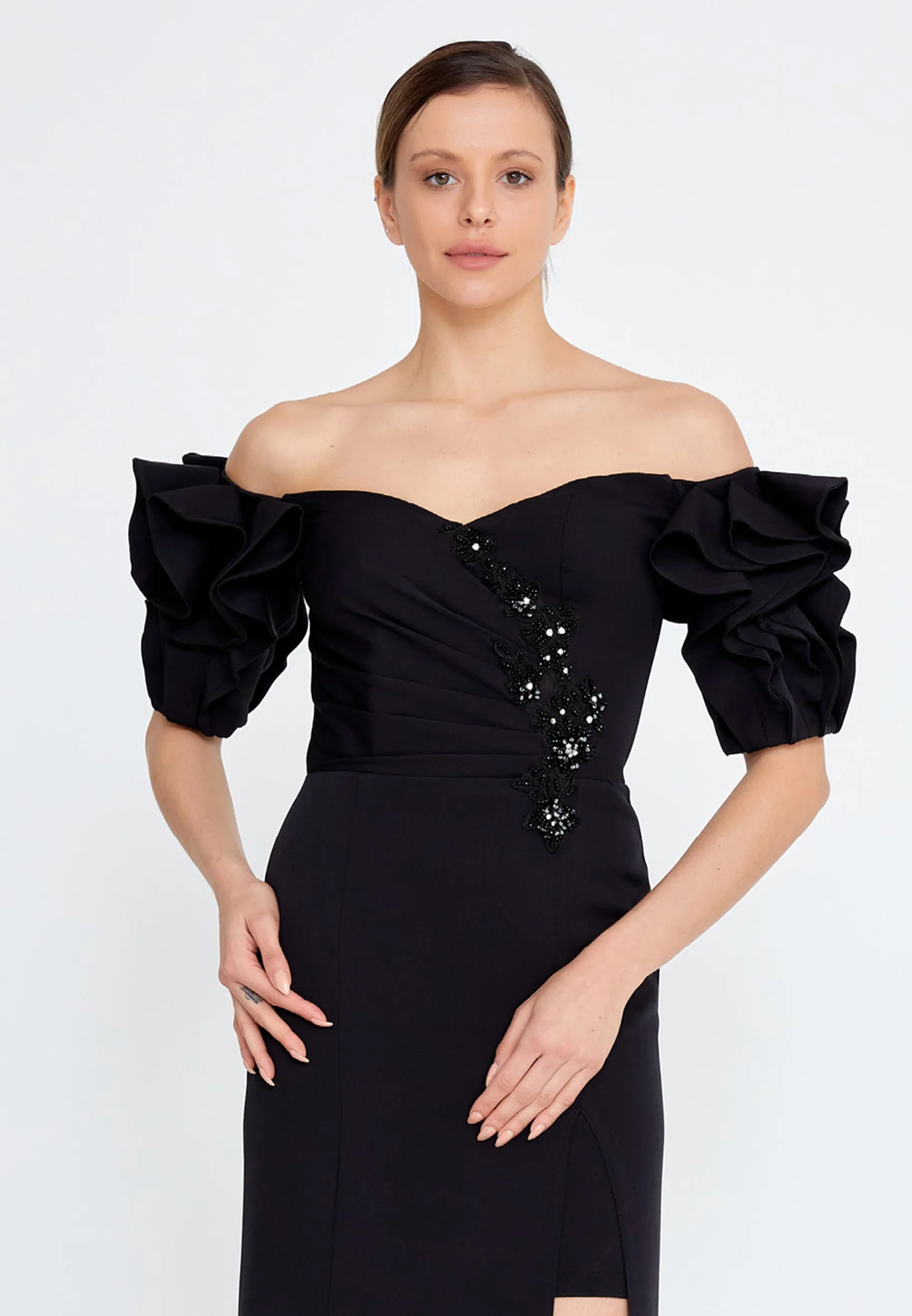 Off Shoulder Maxi Crepe Mermaid Regular Evening Dress rmn3134 - Image 4