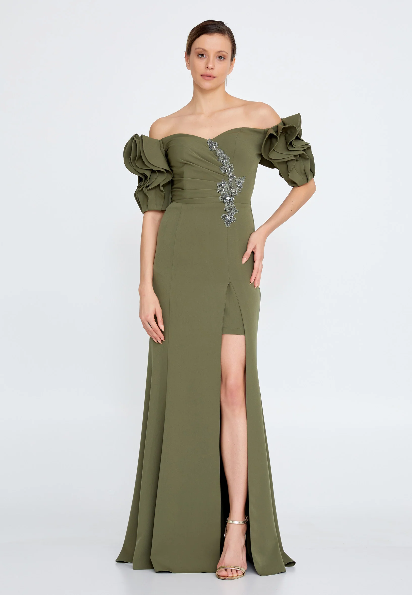 Off Shoulder Maxi Crepe Mermaid Regular Evening Dress rmn3134 - Image 5