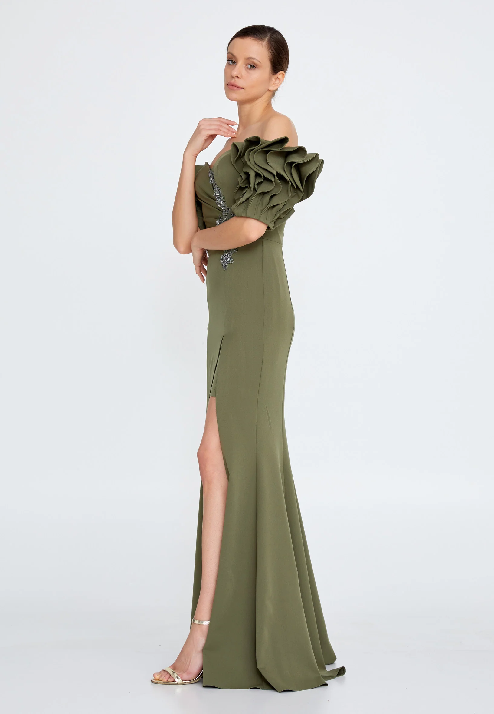Off Shoulder Maxi Crepe Mermaid Regular Evening Dress rmn3134 - Image 7