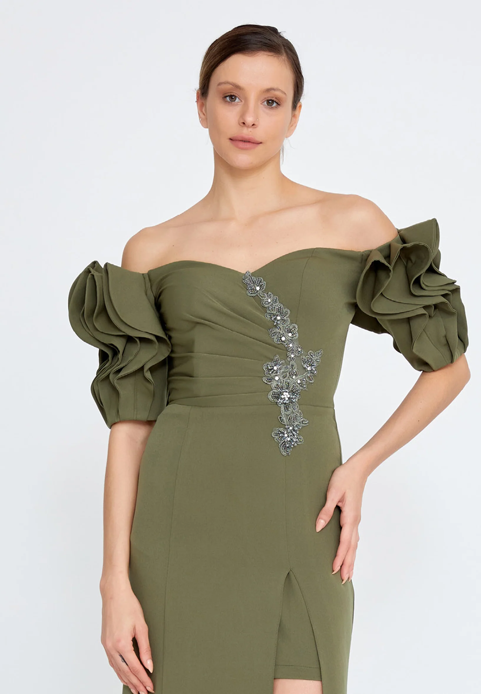 Off Shoulder Maxi Crepe Mermaid Regular Evening Dress rmn3134 - Image 8