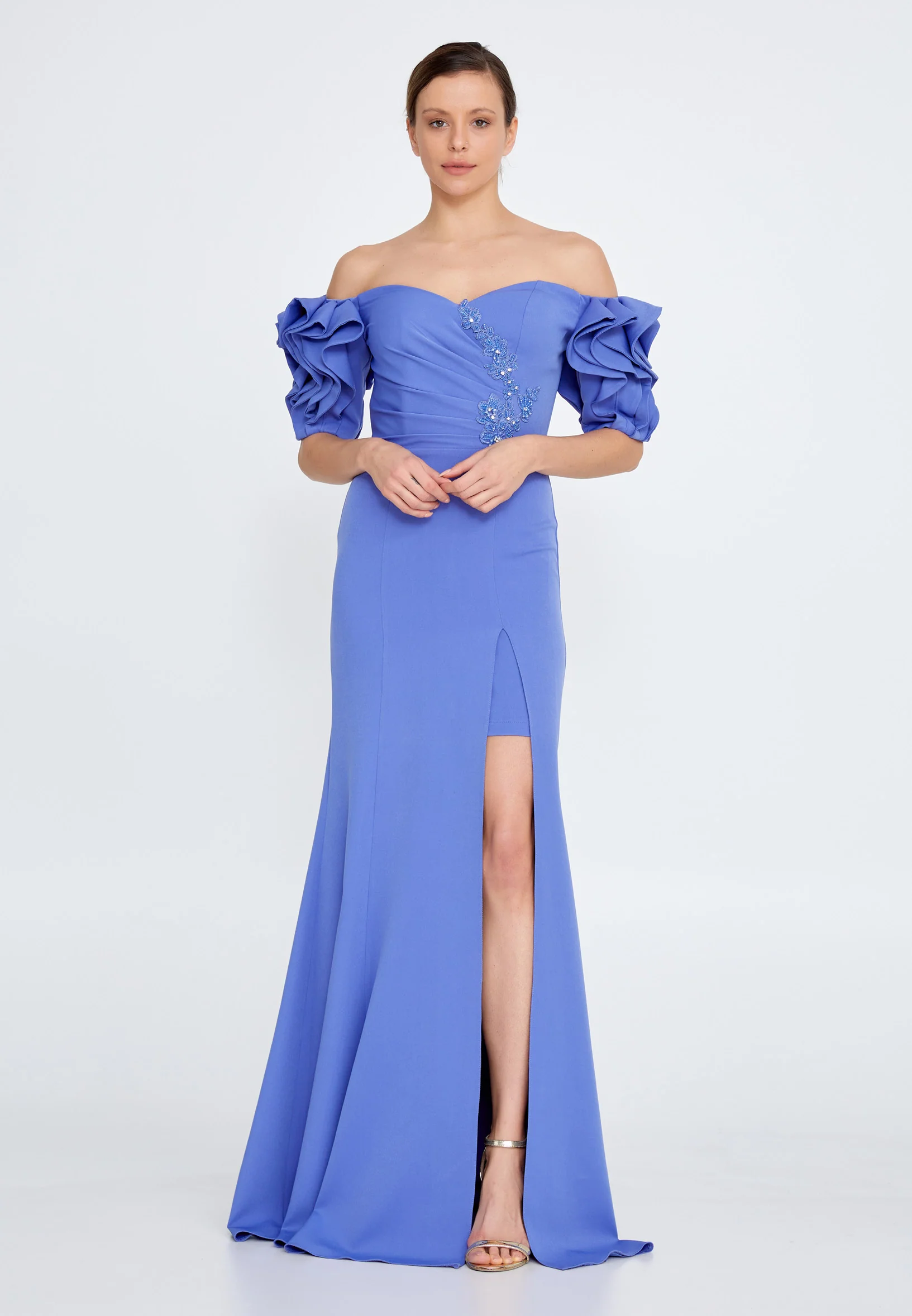 Off Shoulder Maxi Crepe Mermaid Regular Evening Dress rmn3134 - Image 9