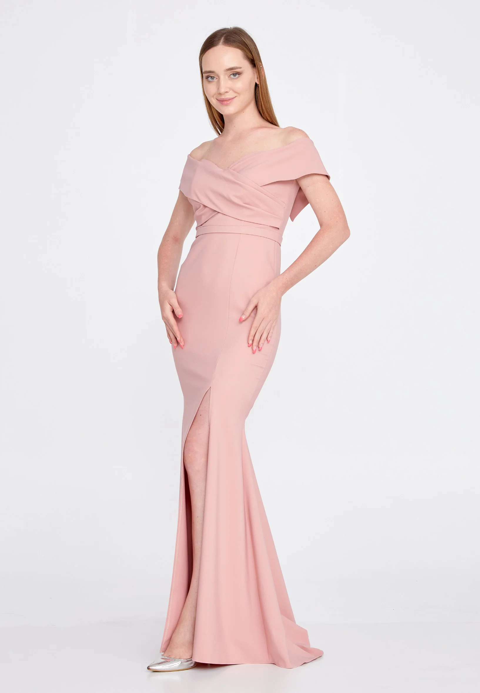 Off Shoulder Maxi Crepe Mermaid Regular Wedding Guest Dress srn9047 - Image 11