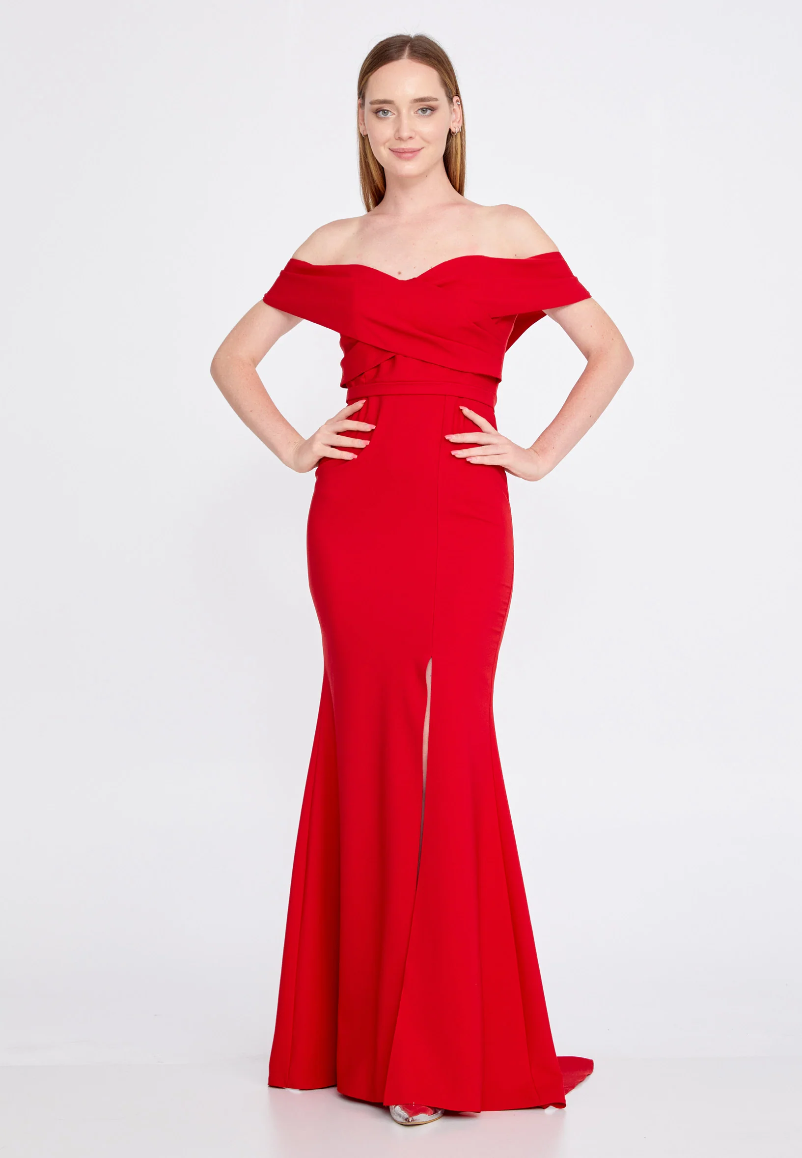 Off Shoulder Maxi Crepe Mermaid Regular Wedding Guest Dress srn9047 - Image 13