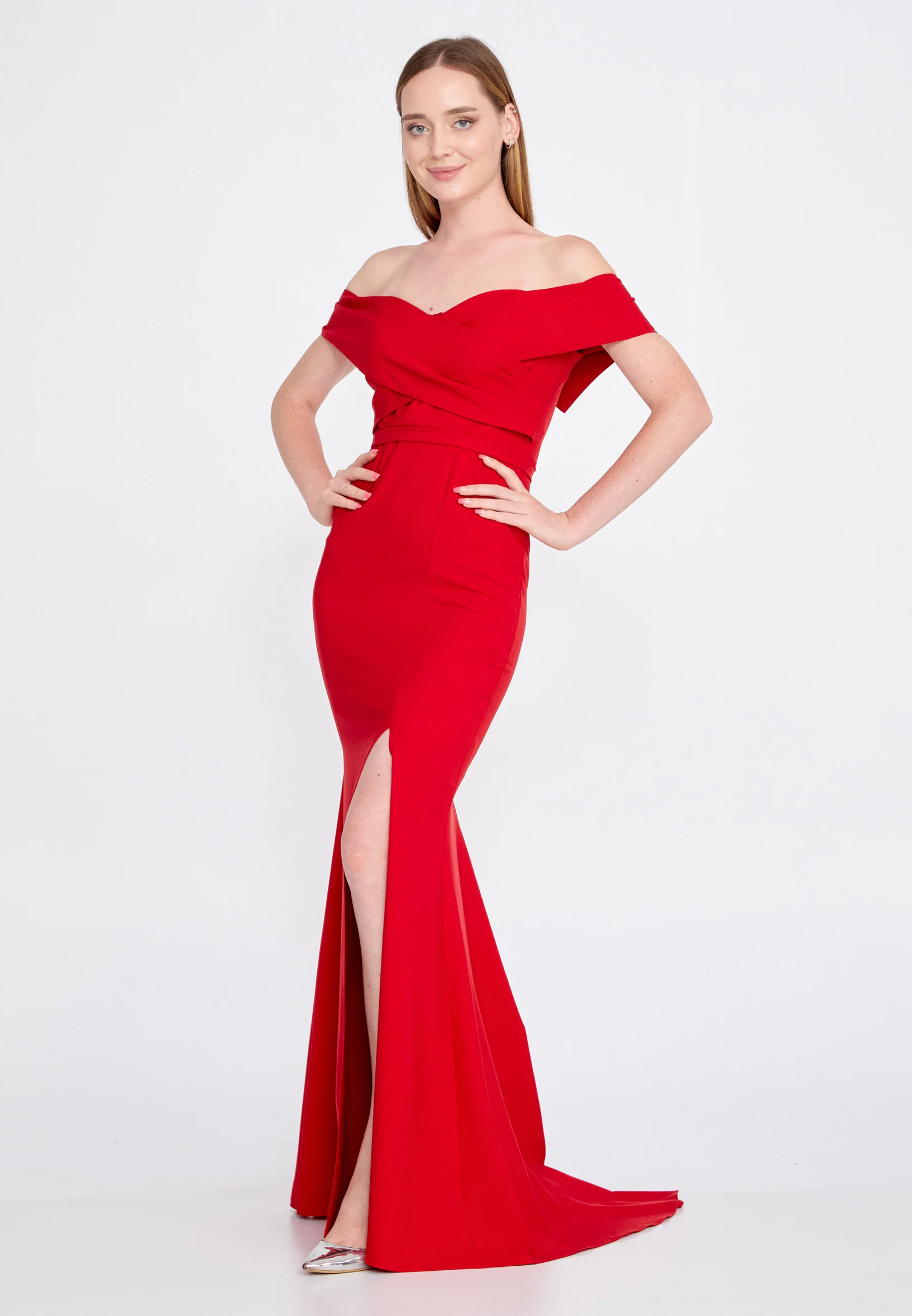 Off Shoulder Maxi Crepe Mermaid Regular Wedding Guest Dress srn9047 - Image 15