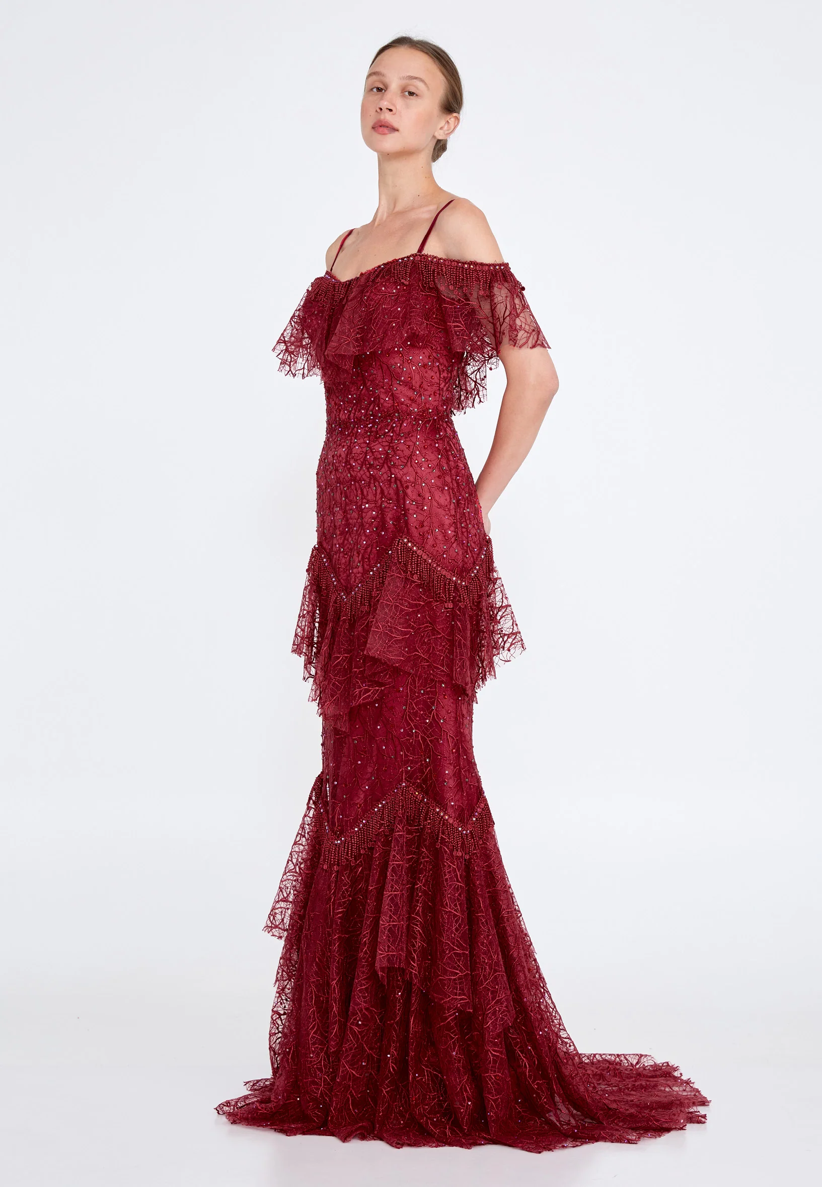 Off Shoulder Maxi Lace Column Regular Wedding Guest Dress knz3084 - Image 3