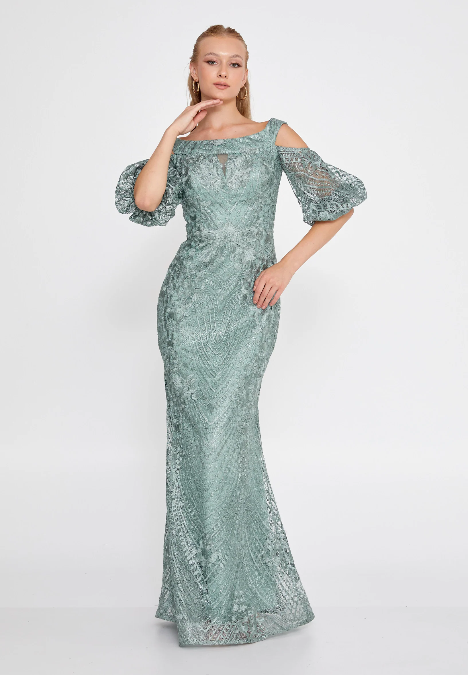 Off Shoulder Maxi Lace Mermaid Regular Wedding Guest Dress rmn2980 - Image 13