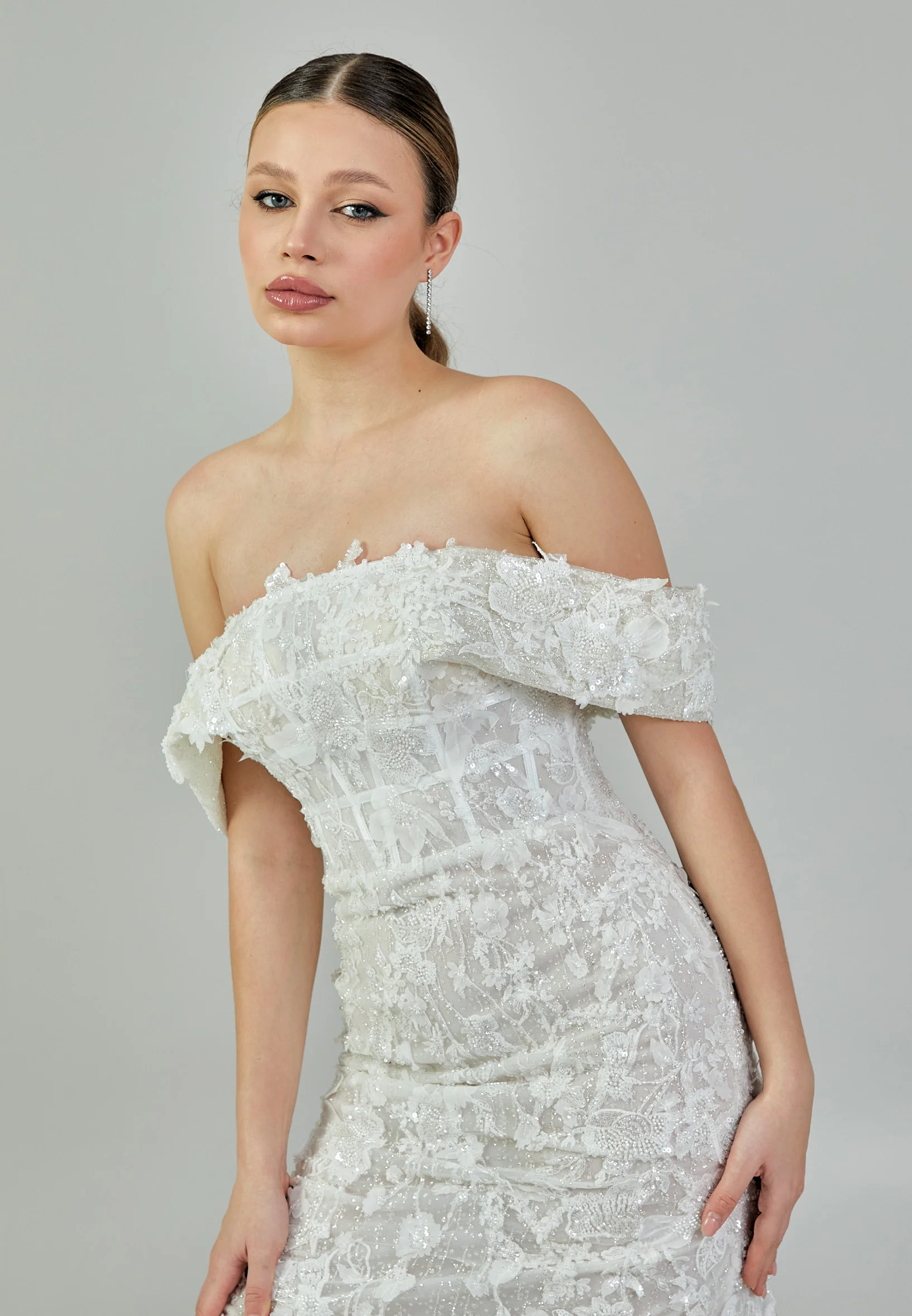 Off Shoulder Maxi Lace Regular Wedding Dress ezs2024-18 - Image 2