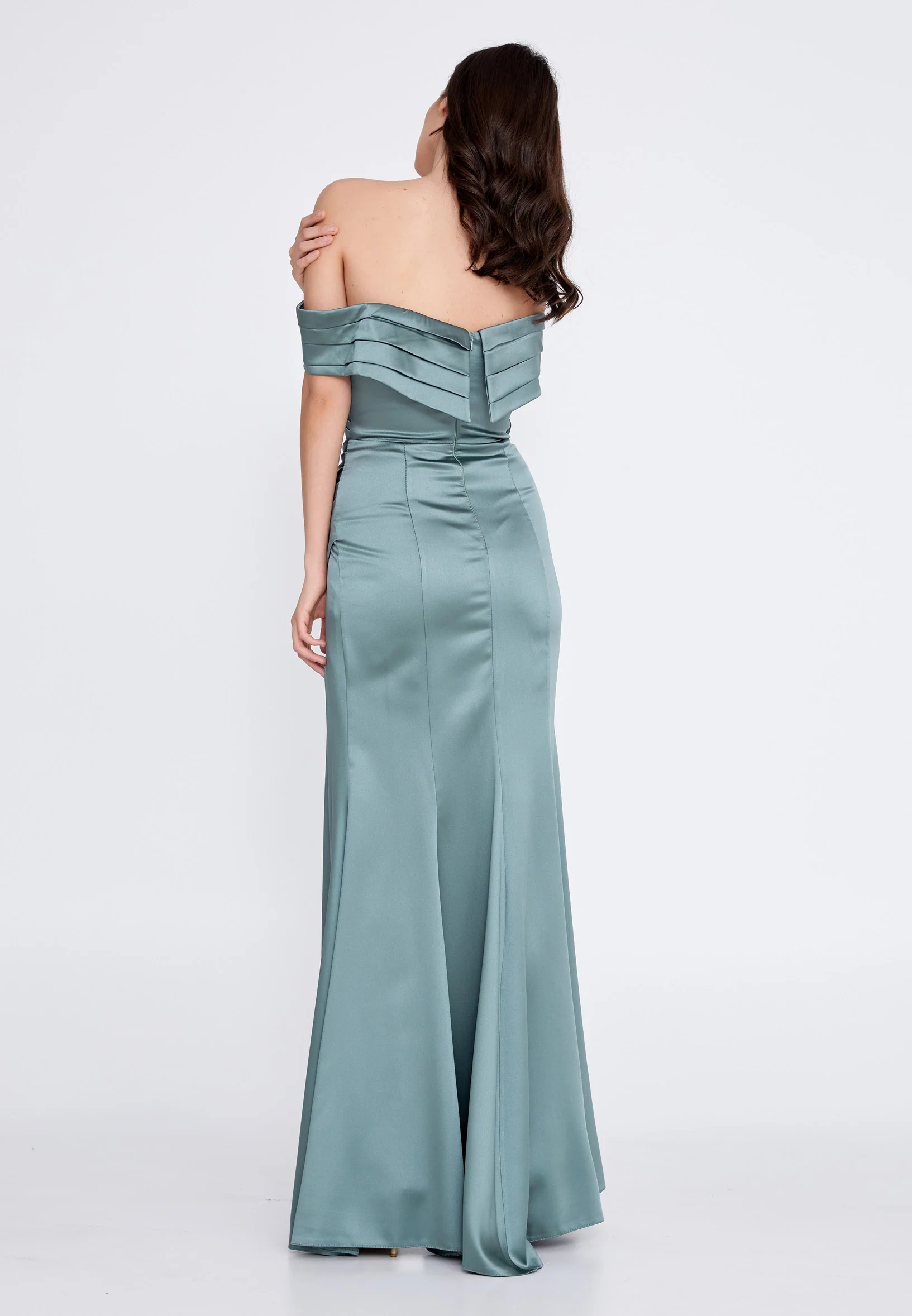 Off Shoulder Maxi Satin Column Regular Wedding Guest Dress rmn3139 - Image 10