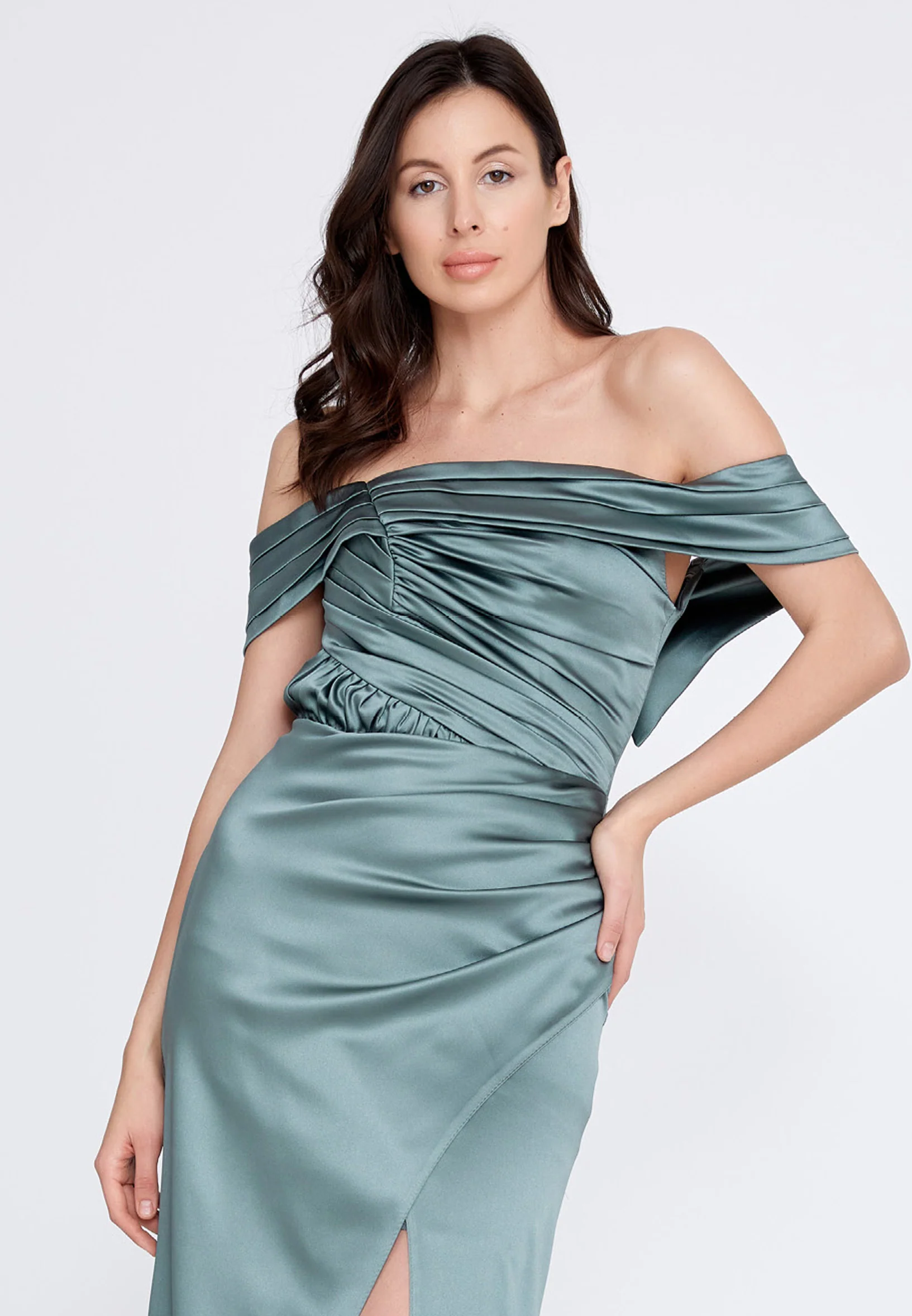 Off Shoulder Maxi Satin Column Regular Wedding Guest Dress rmn3139 - Image 12