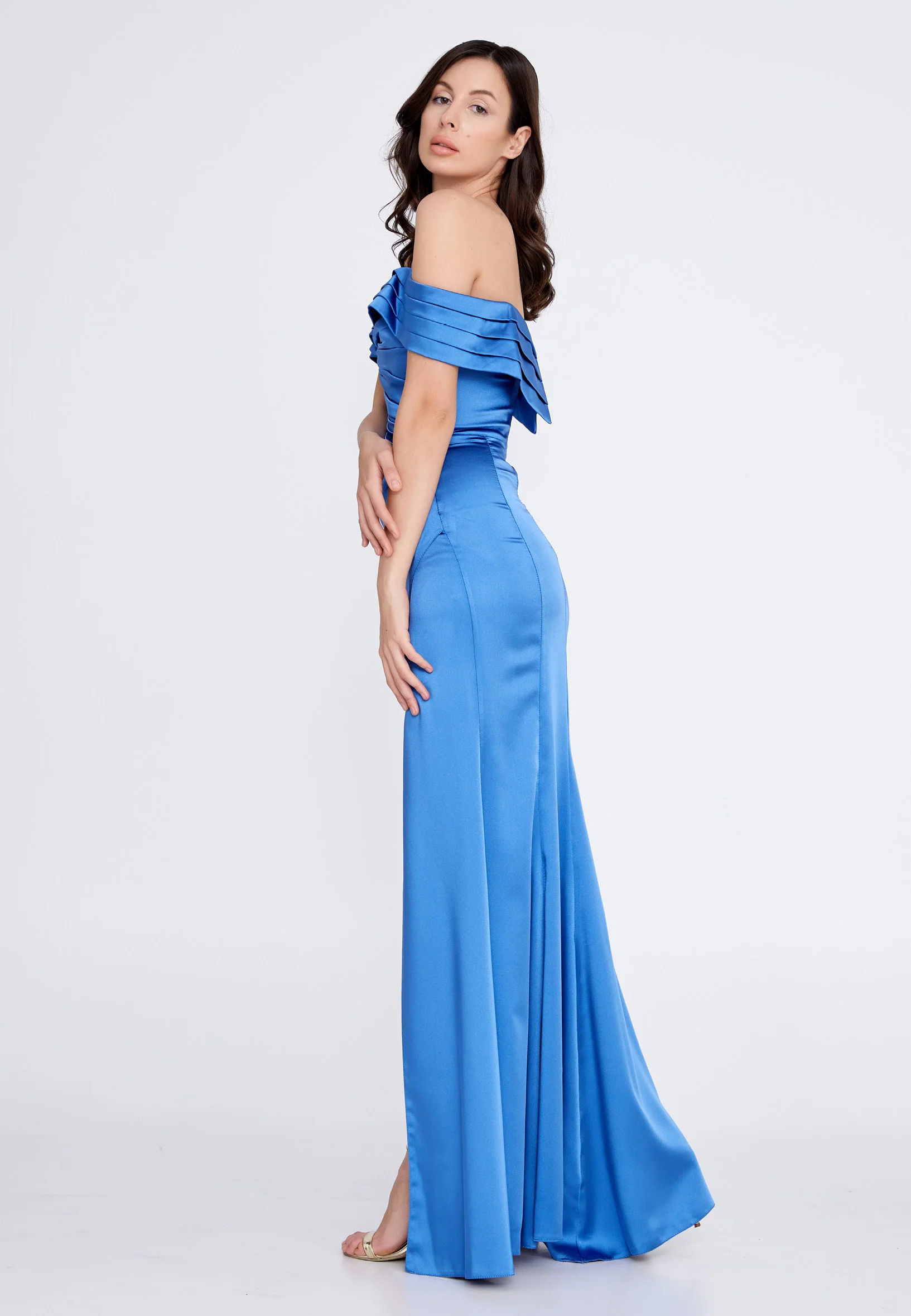 Off Shoulder Maxi Satin Column Regular Wedding Guest Dress rmn3139 - Image 15