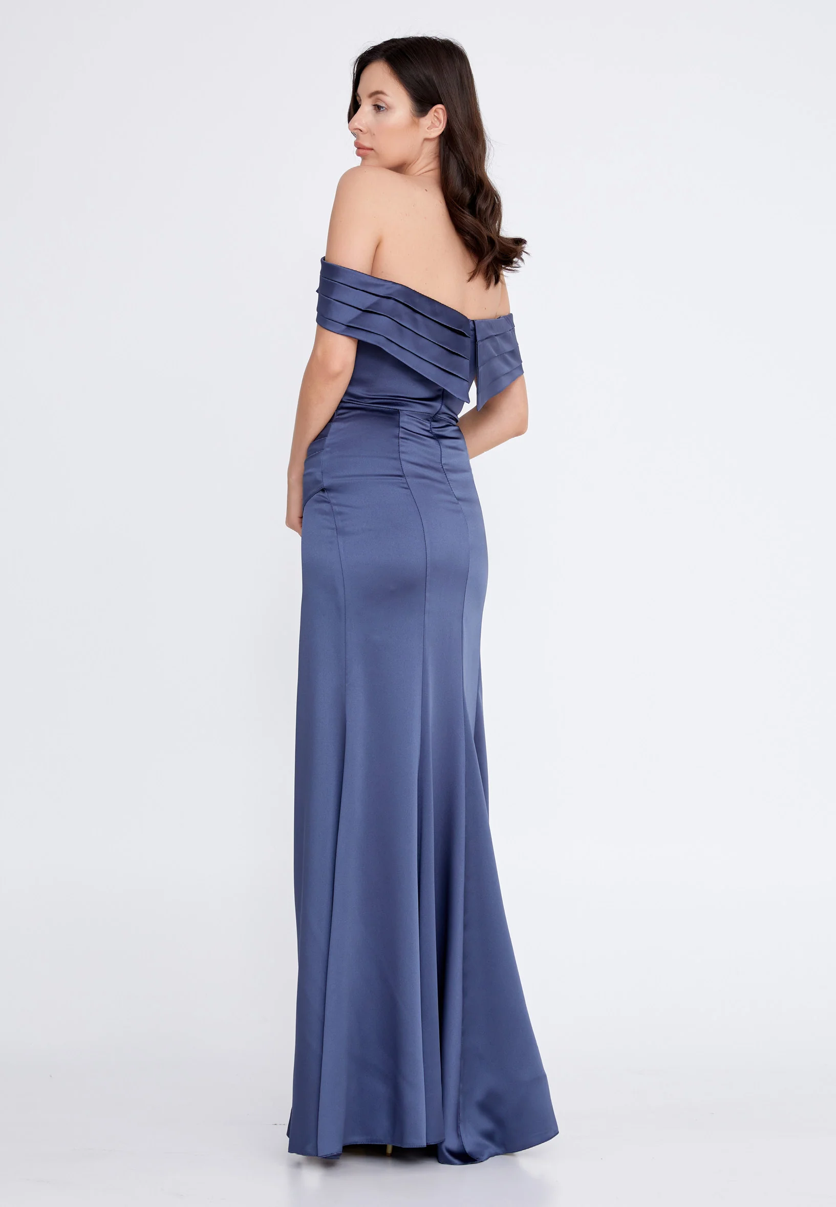 Off Shoulder Maxi Satin Column Regular Wedding Guest Dress rmn3139 - Image 22