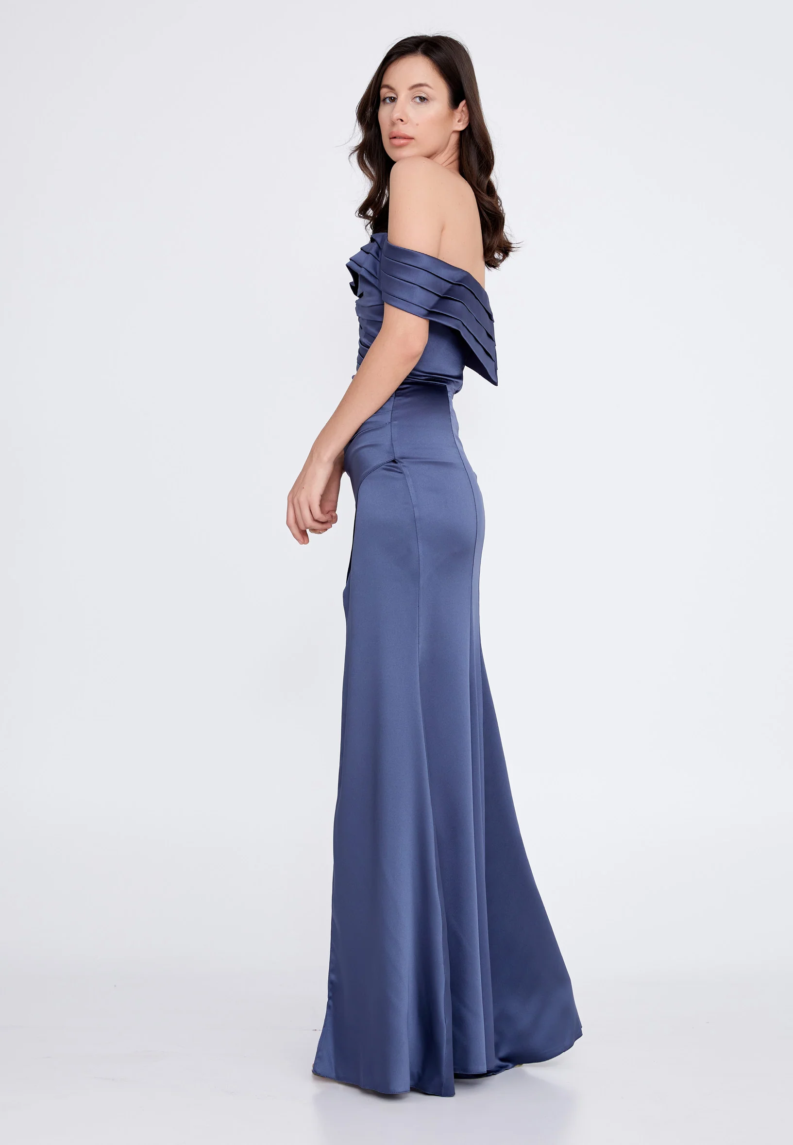Off Shoulder Maxi Satin Column Regular Wedding Guest Dress rmn3139 - Image 23