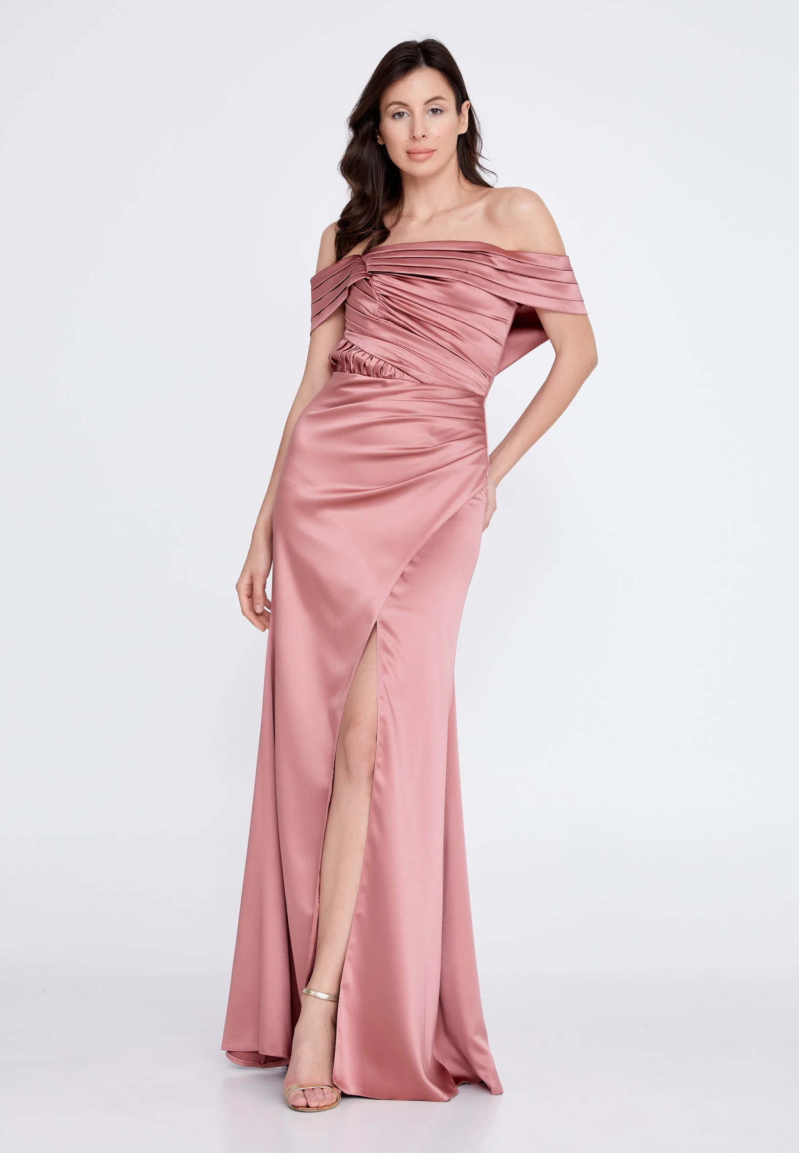Off Shoulder Maxi Satin Column Regular Wedding Guest Dress rmn3139 - Image 25