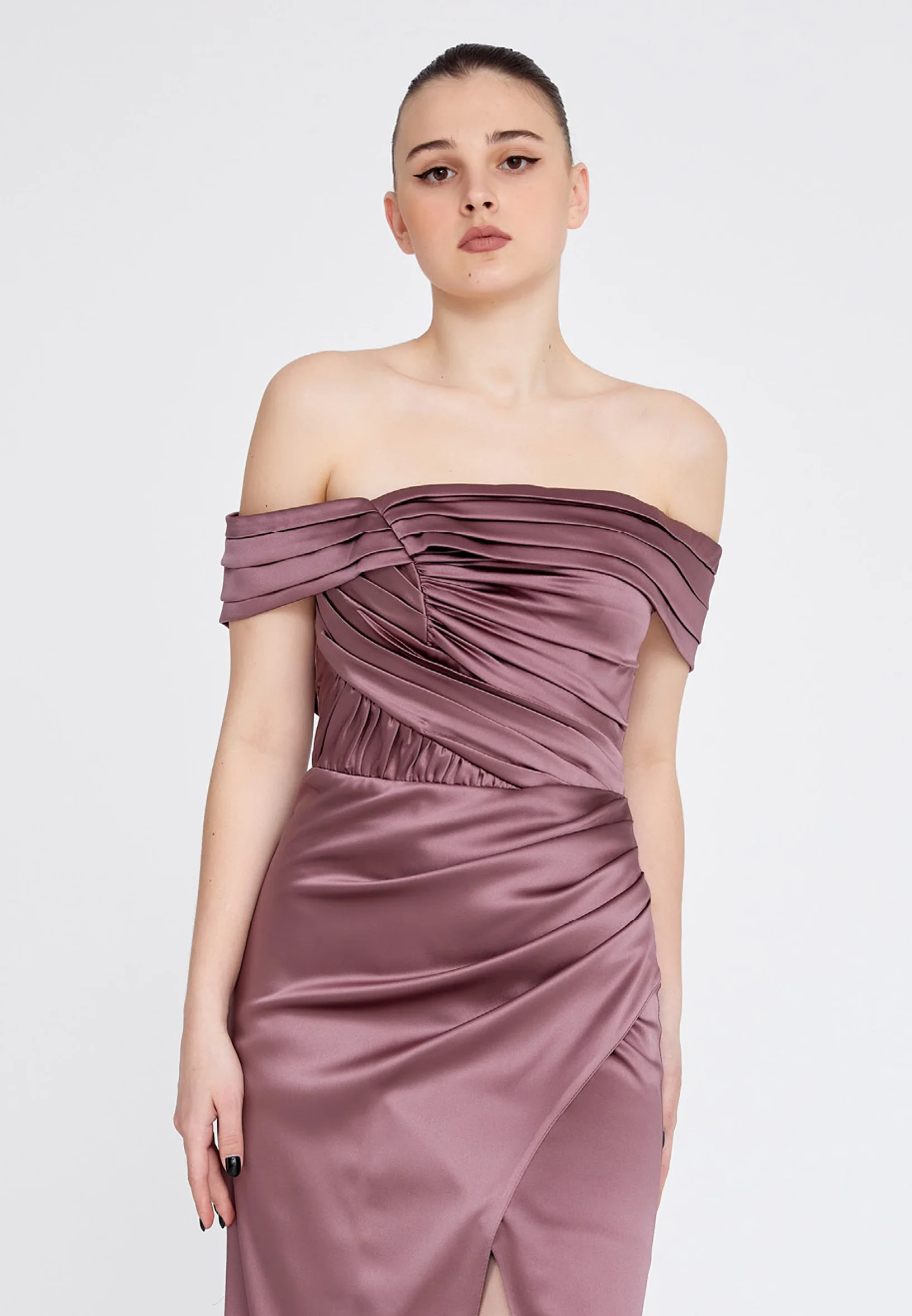 Off Shoulder Maxi Satin Column Regular Wedding Guest Dress rmn3139 - Image 32