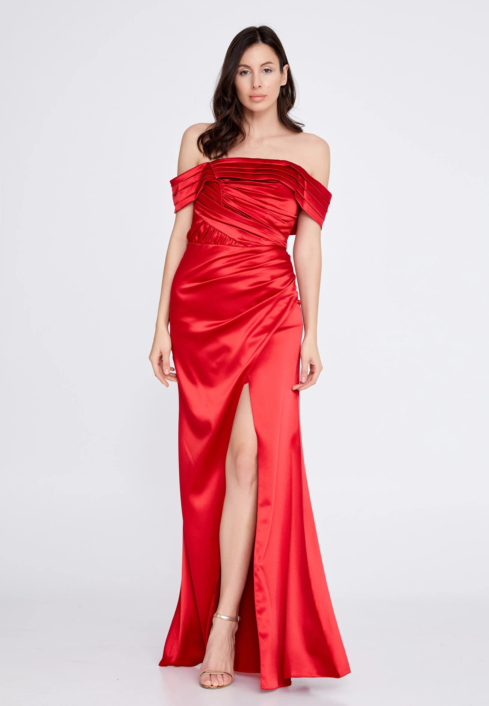Off Shoulder Maxi Satin Column Regular Wedding Guest Dress rmn3139 - Image 33