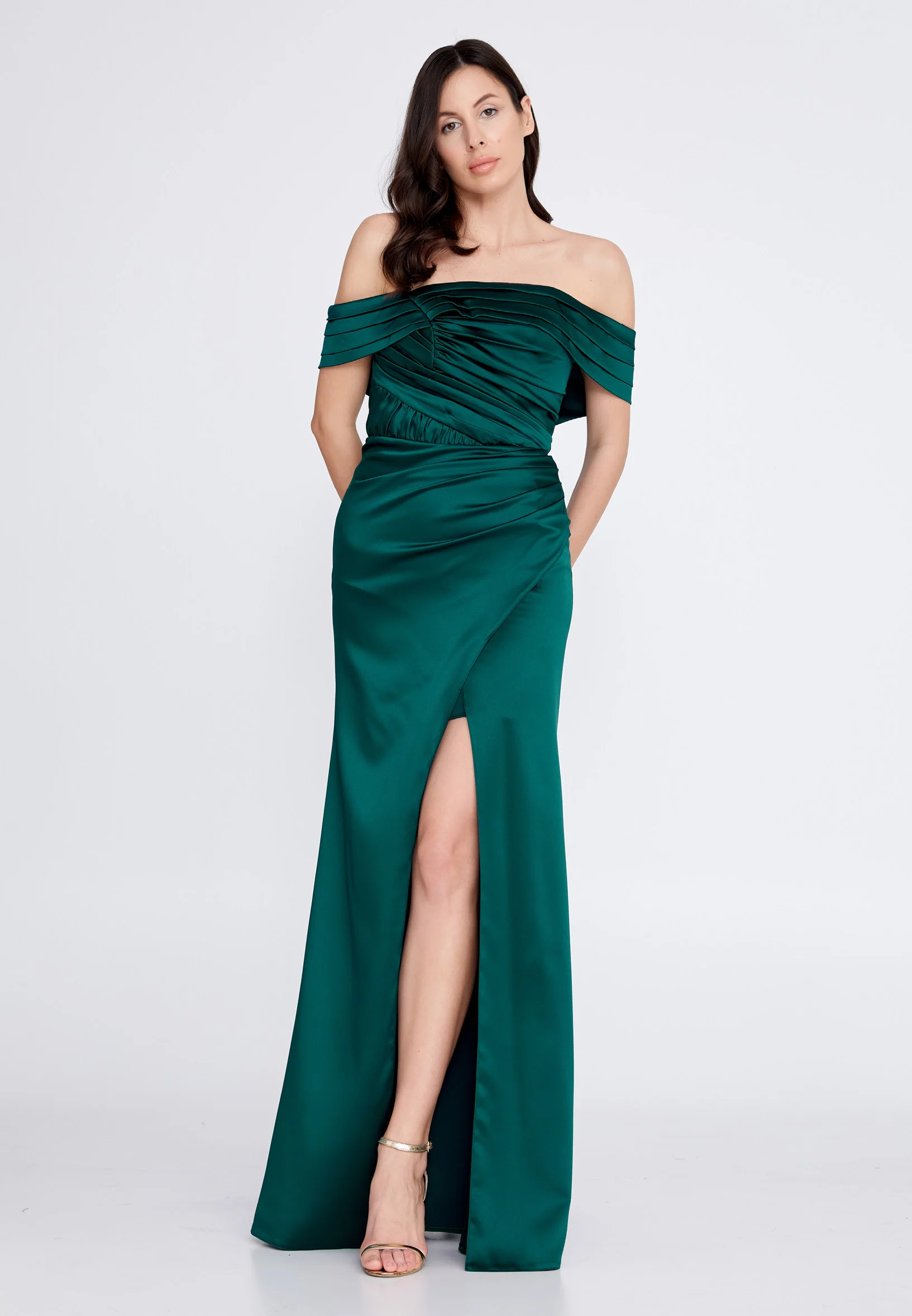 Off Shoulder Maxi Satin Column Regular Wedding Guest Dress rmn3139 - Image 5