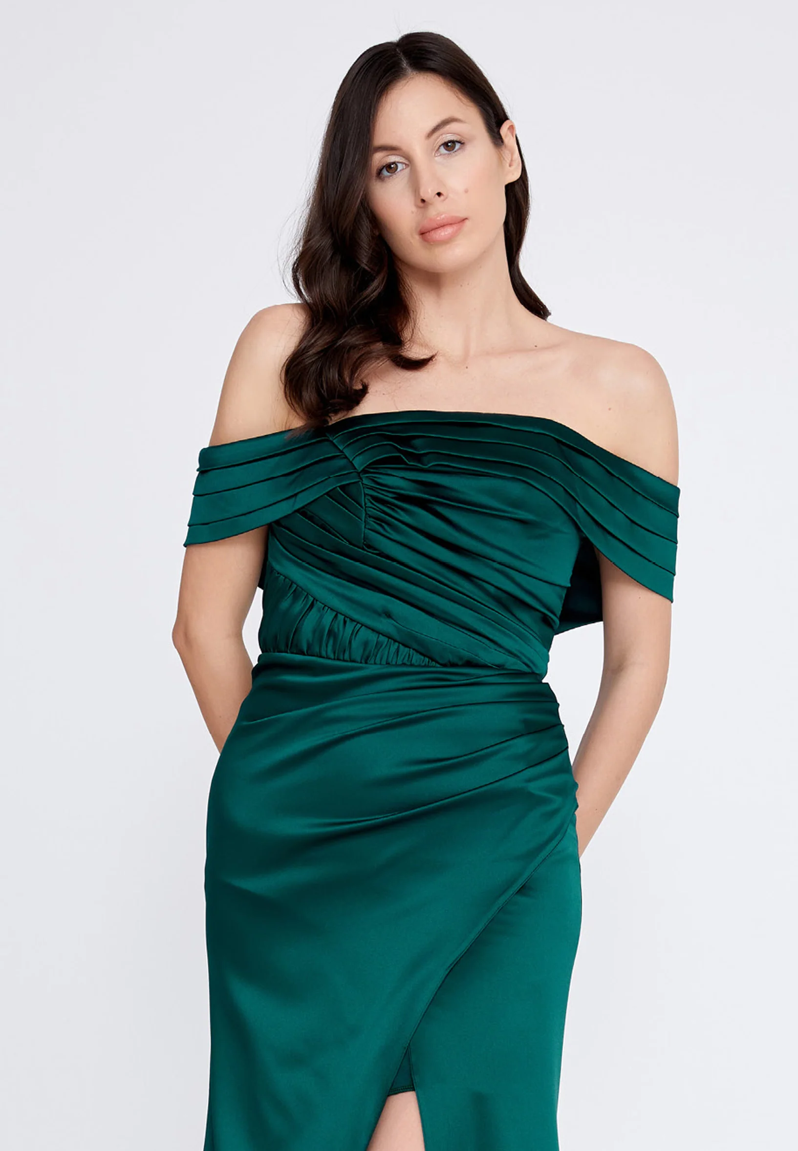 Off Shoulder Maxi Satin Column Regular Wedding Guest Dress rmn3139 - Image 8