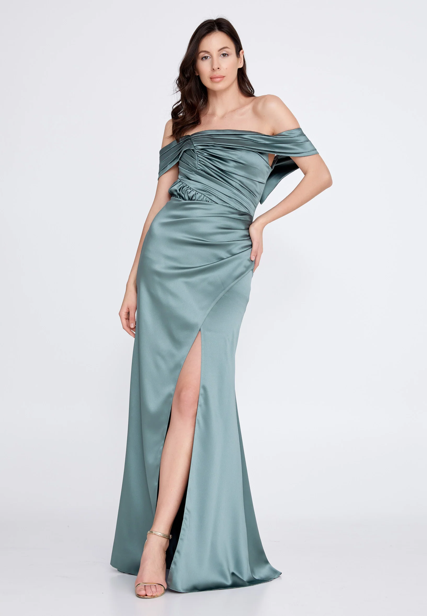 Off Shoulder Maxi Satin Column Regular Wedding Guest Dress rmn3139 - Image 9