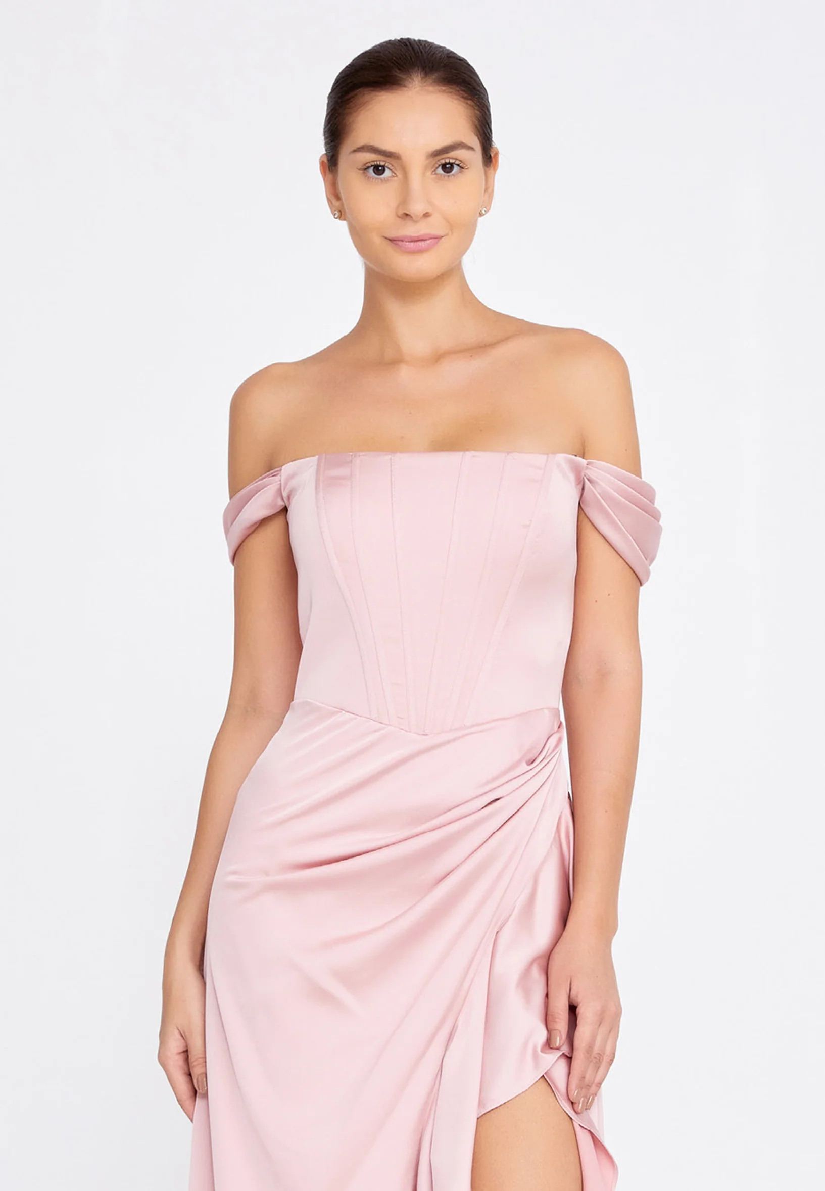 Off Shoulder Maxi Satin Column Regular Wedding Guest Dress ses2520 - Image 12