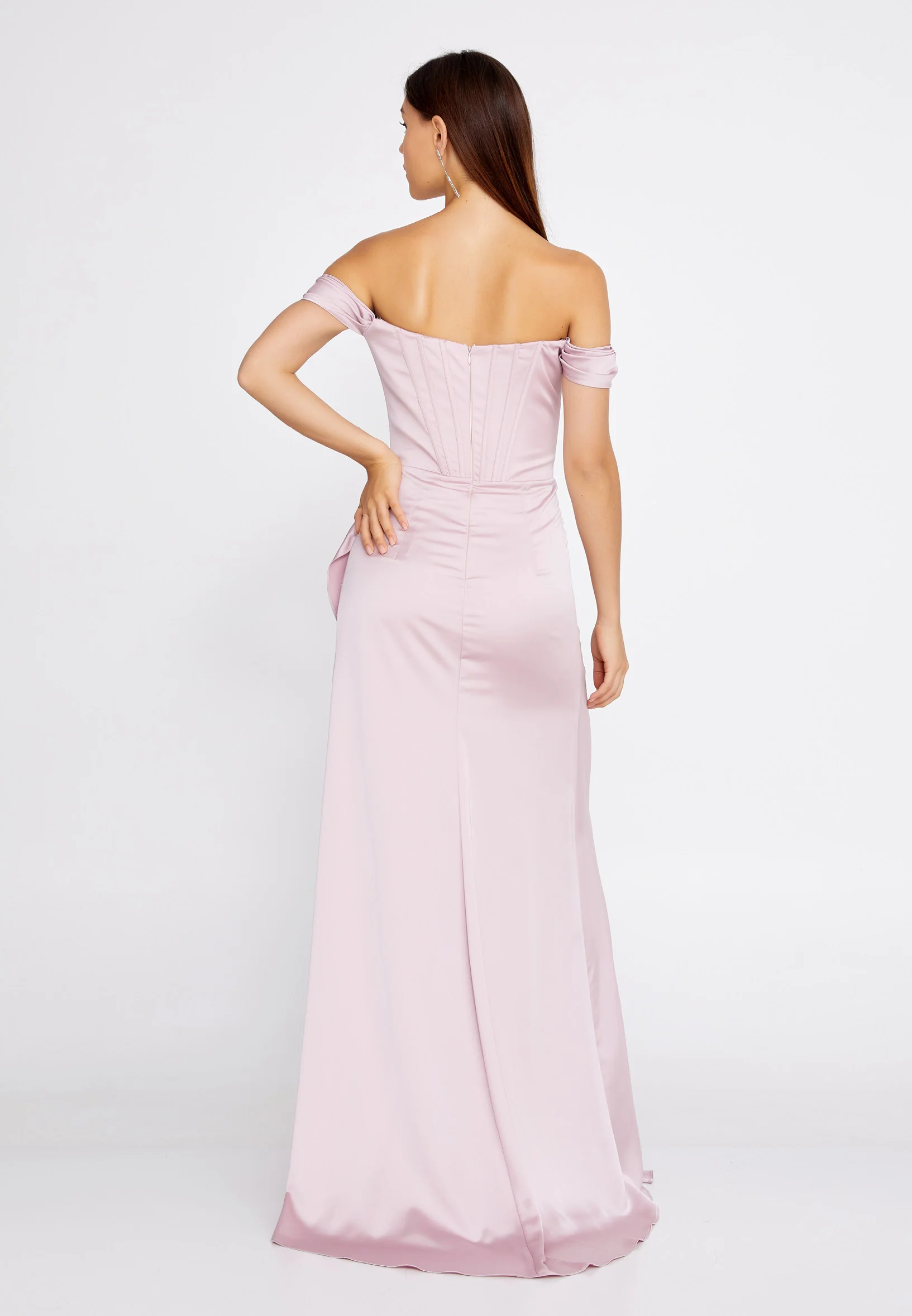 Off Shoulder Maxi Satin Column Regular Wedding Guest Dress ses2520 - Image 14