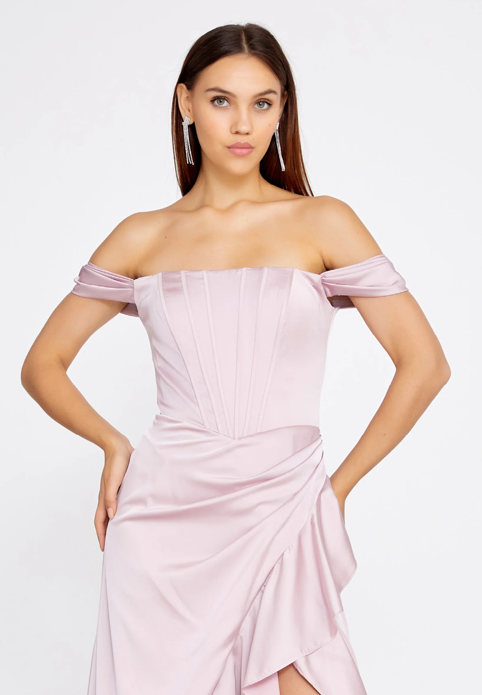 Off Shoulder Maxi Satin Column Regular Wedding Guest Dress ses2520 - Image 16