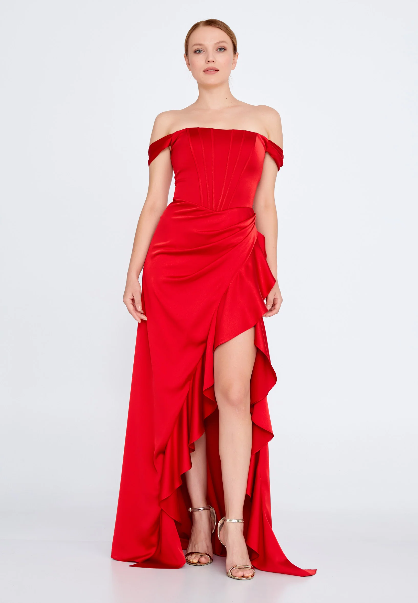 Off Shoulder Maxi Satin Column Regular Wedding Guest Dress ses2520 - Image 17