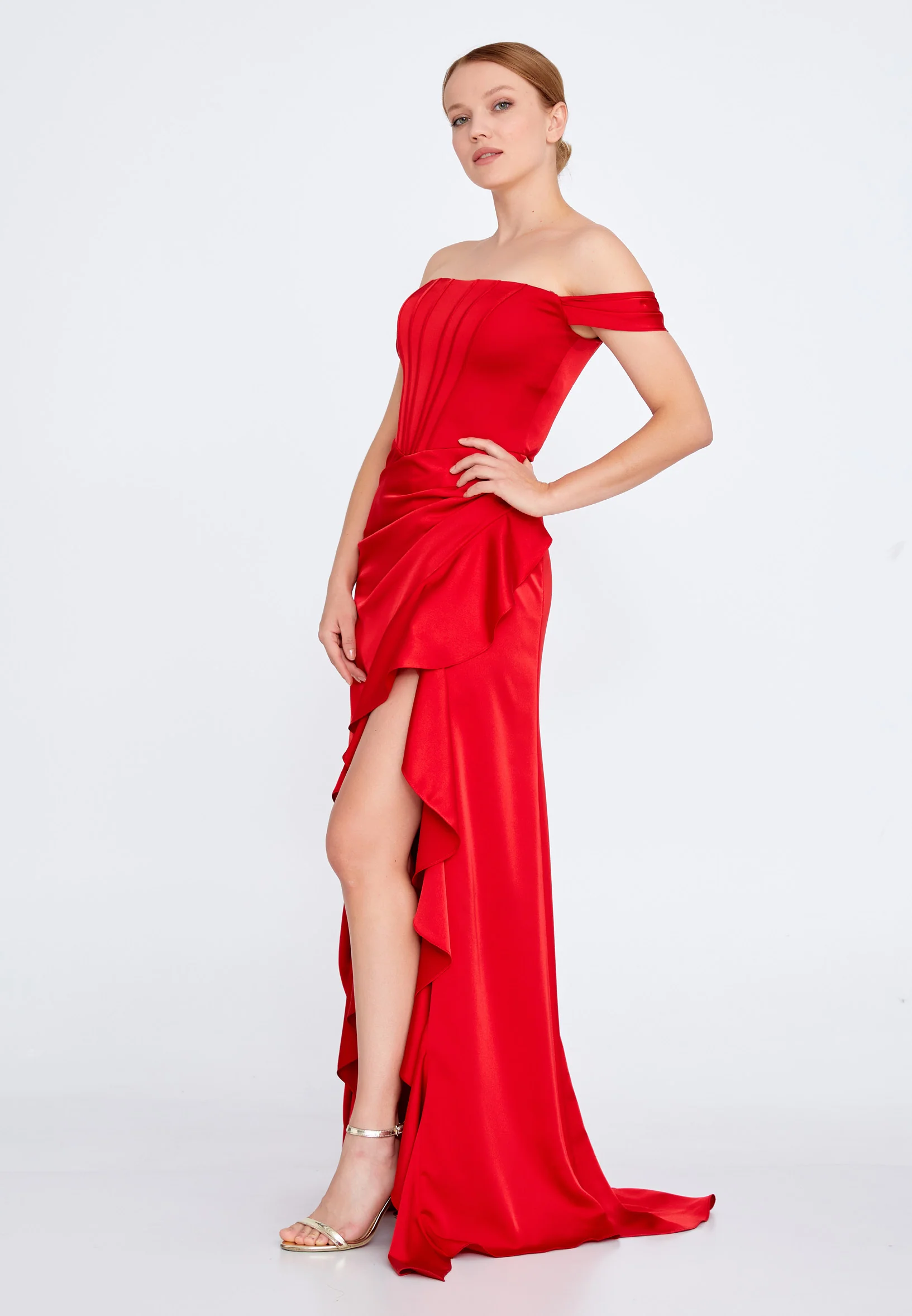 Off Shoulder Maxi Satin Column Regular Wedding Guest Dress ses2520 - Image 19