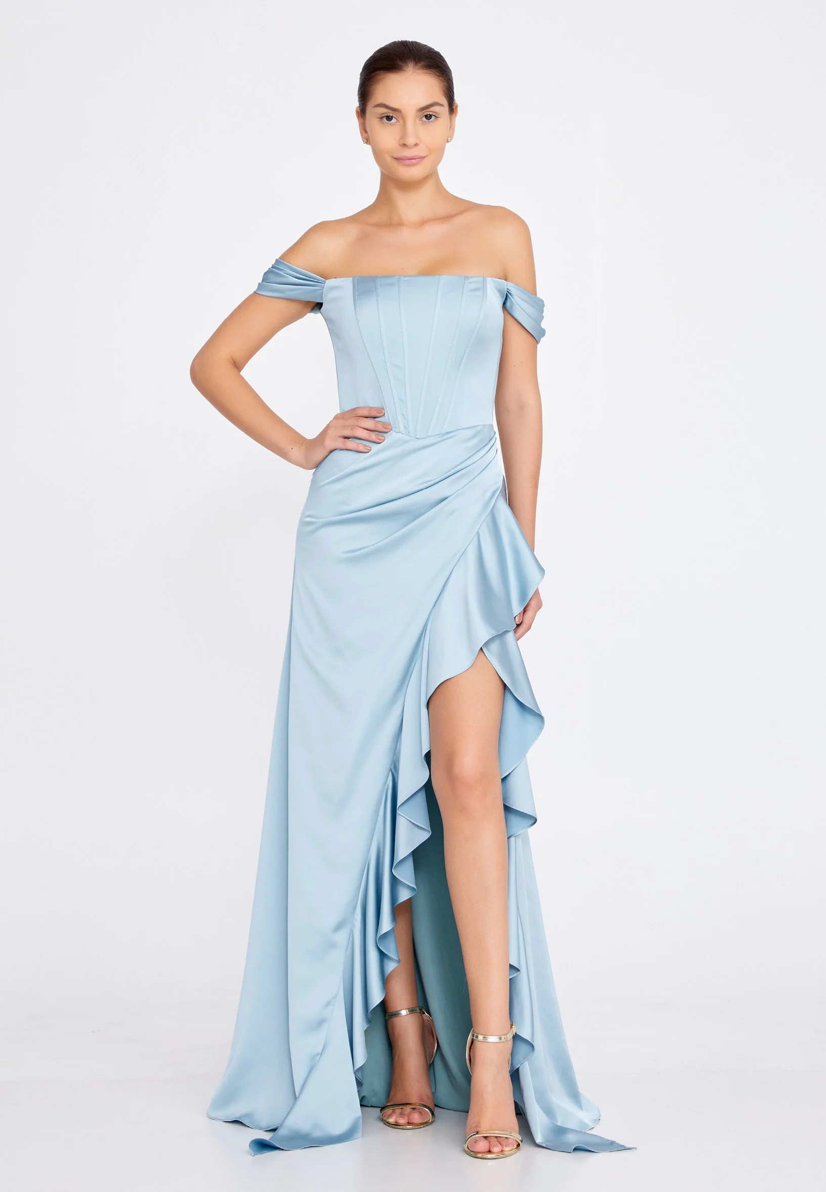 Off Shoulder Maxi Satin Column Regular Wedding Guest Dress ses2520 - Image 21