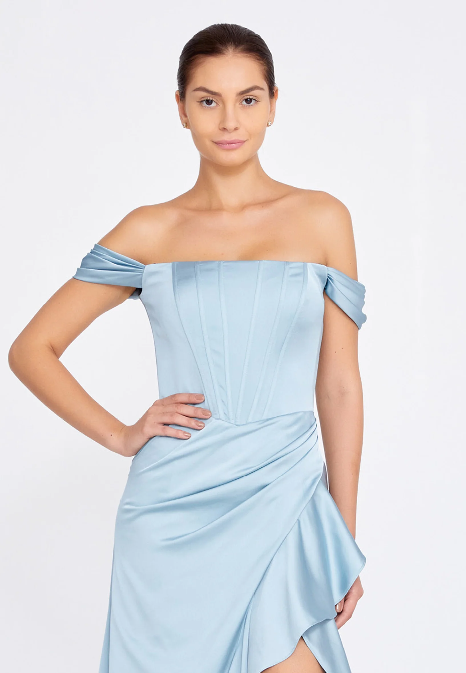Off Shoulder Maxi Satin Column Regular Wedding Guest Dress ses2520 - Image 24