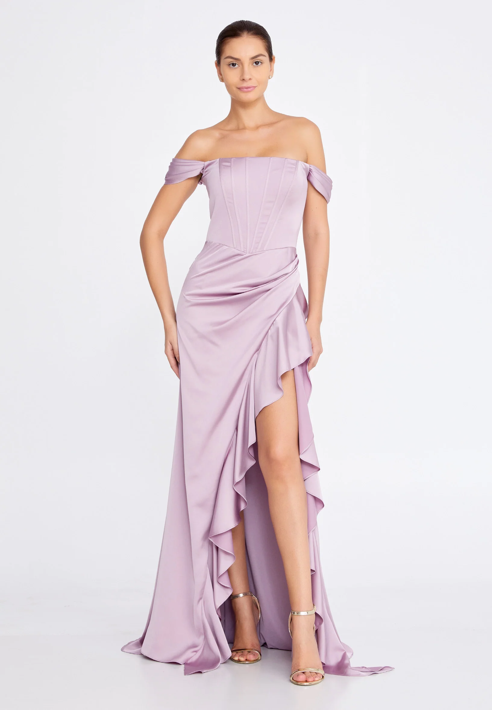 Off Shoulder Maxi Satin Column Regular Wedding Guest Dress ses2520 - Image 5